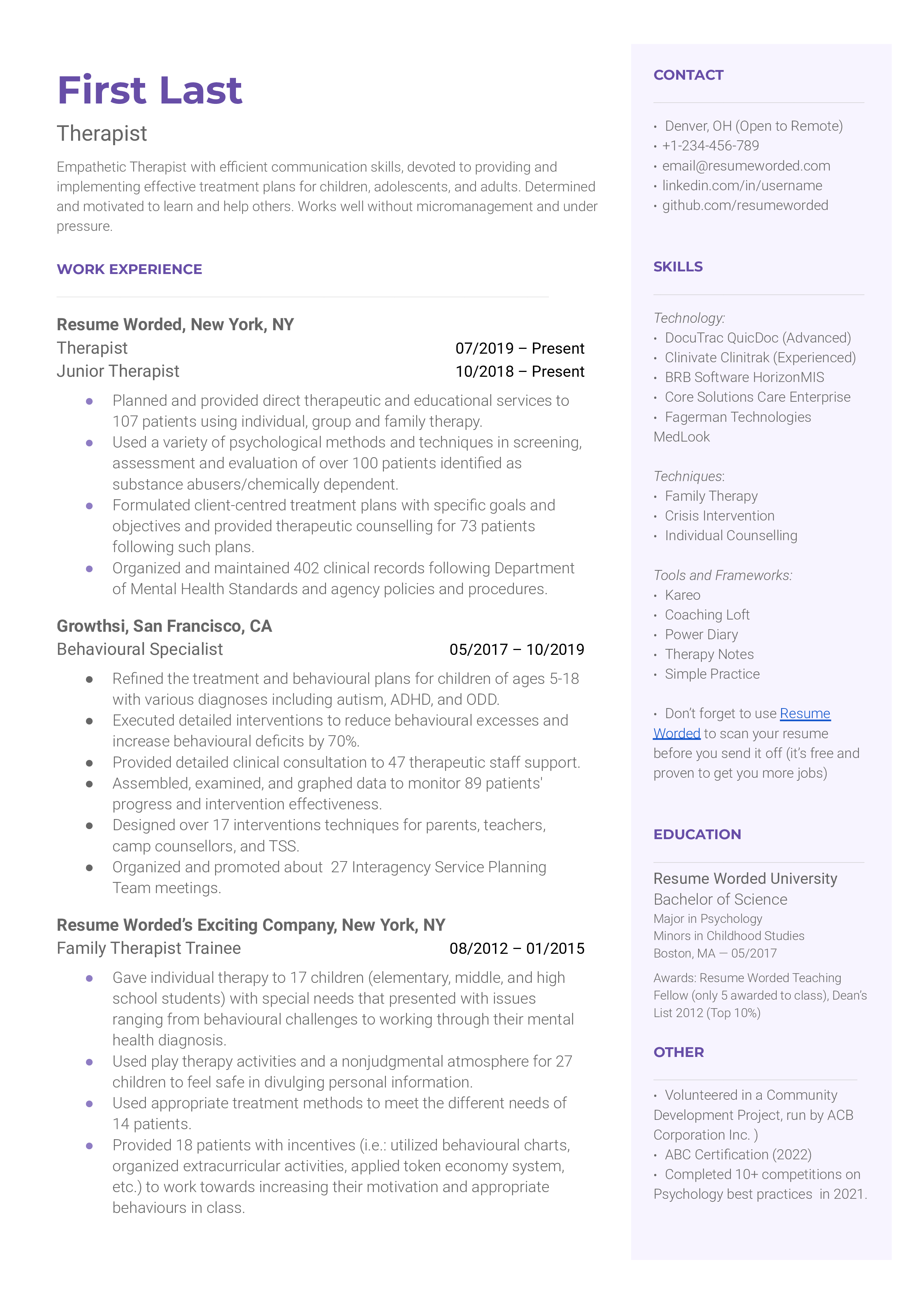 A therapist's CV showcasing their proficiency in various therapy models and skills in virtual therapy sessions.