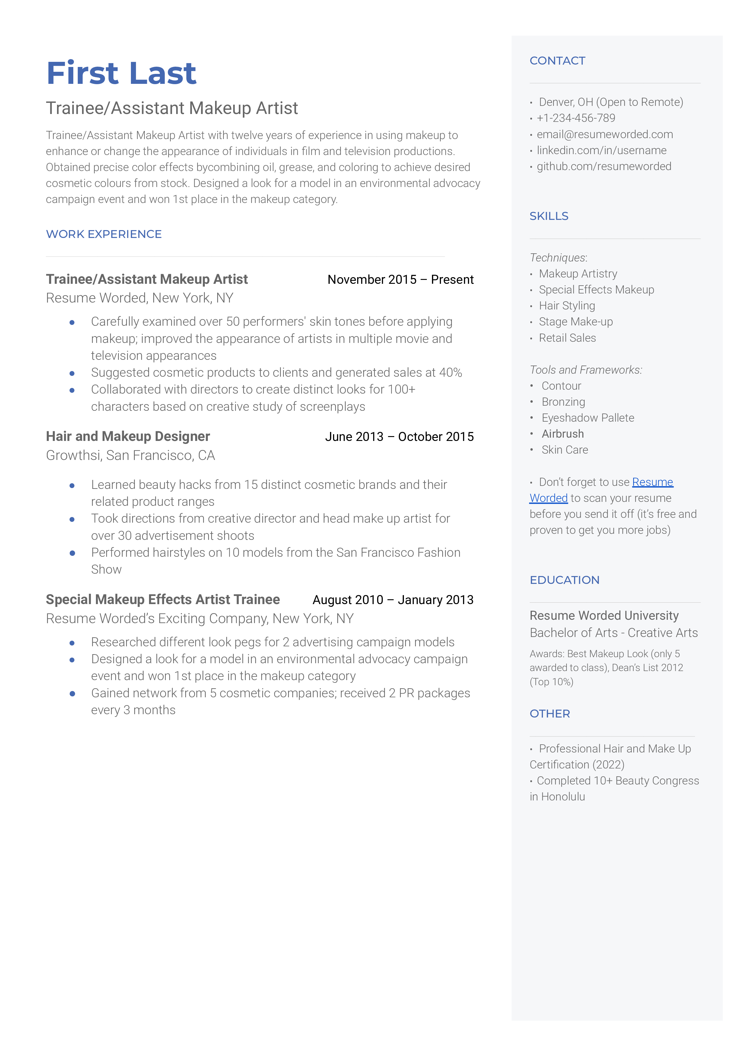 Trainee assisstant makeup artist resume sample that highlights training and experience