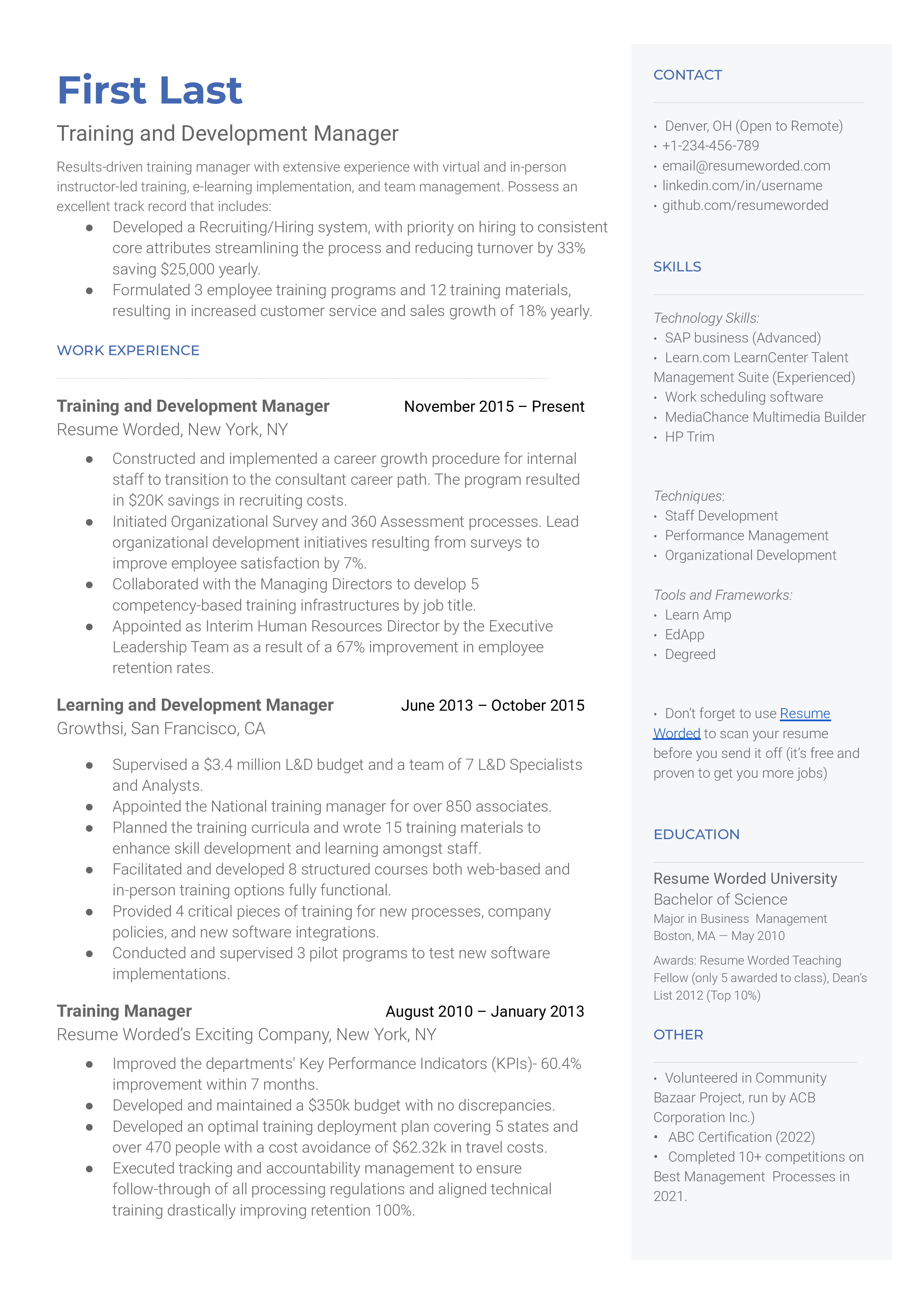 Training and Development Manager Resume Sample