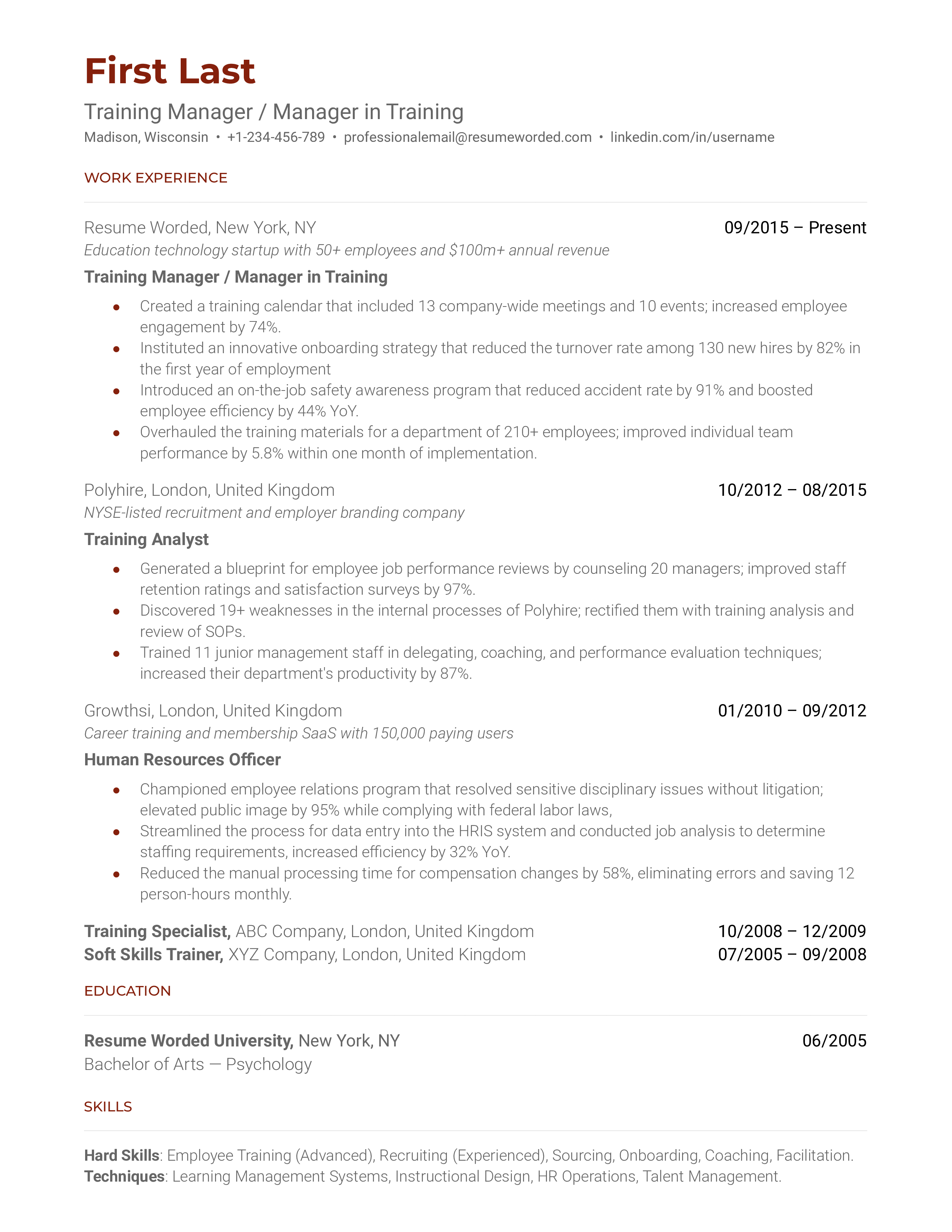 Training Project Manager Resume Sample