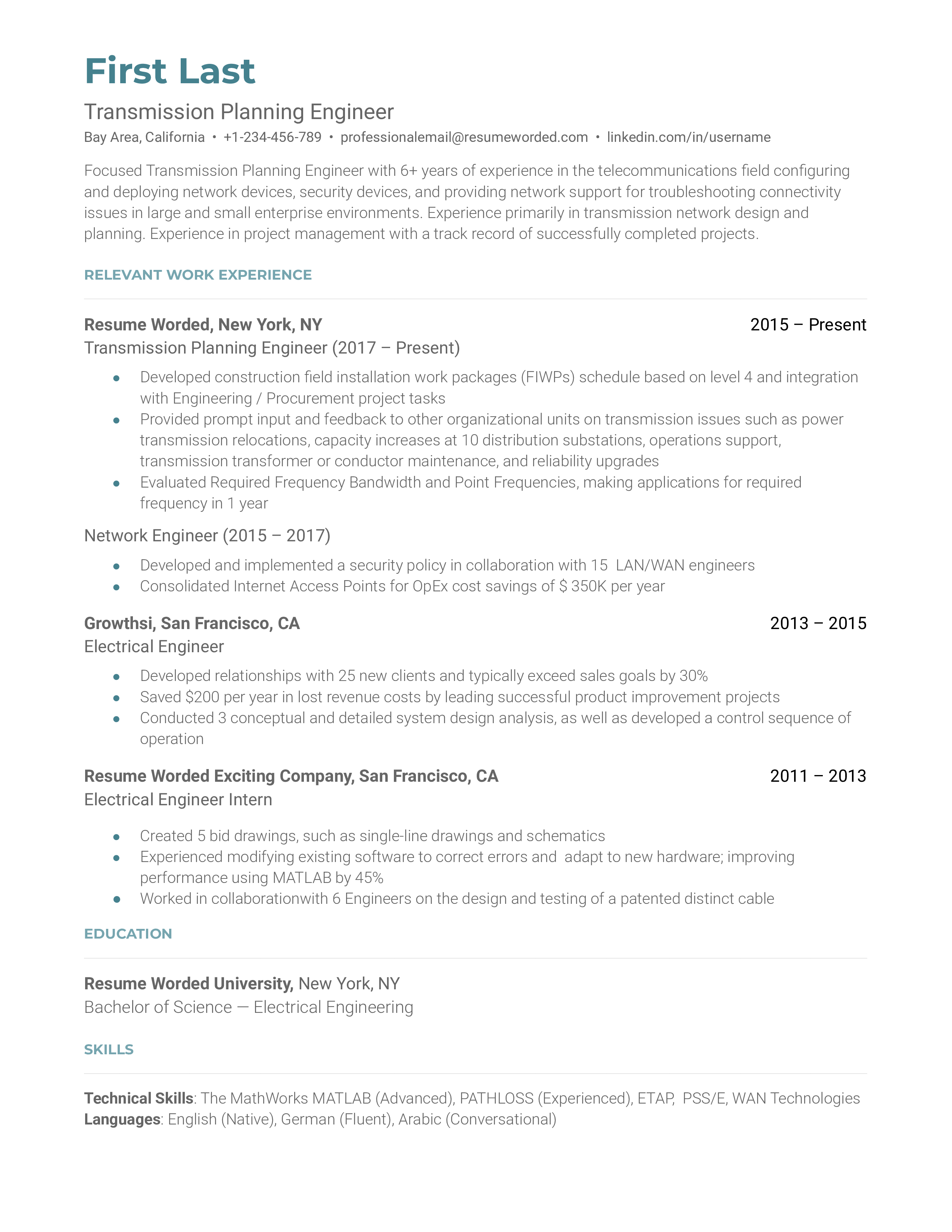 A transmission planning engineer resume template that has a professional description and chronologically organized work history.