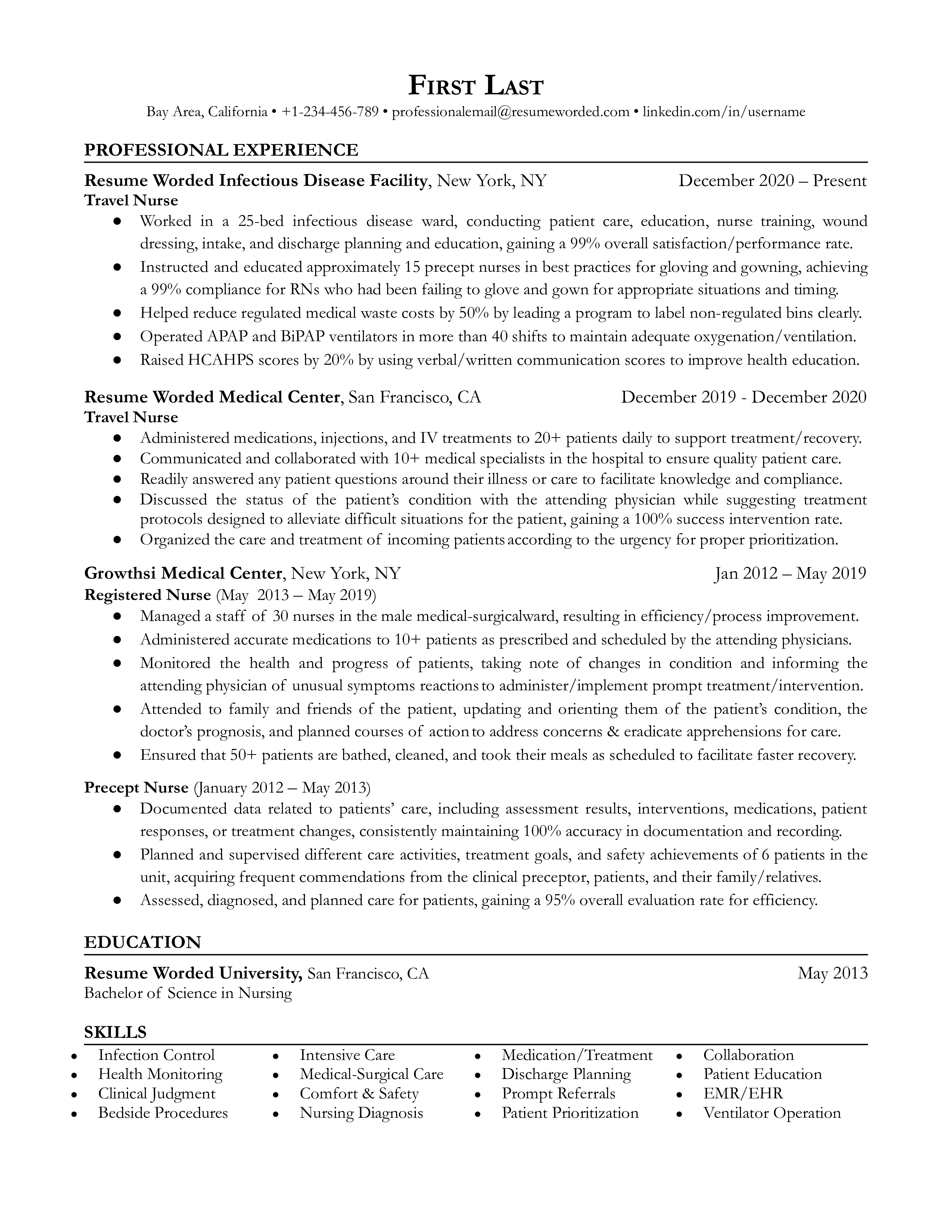 Travel nurse resume template sample with detailed contact information and effective demonstration of soft skills