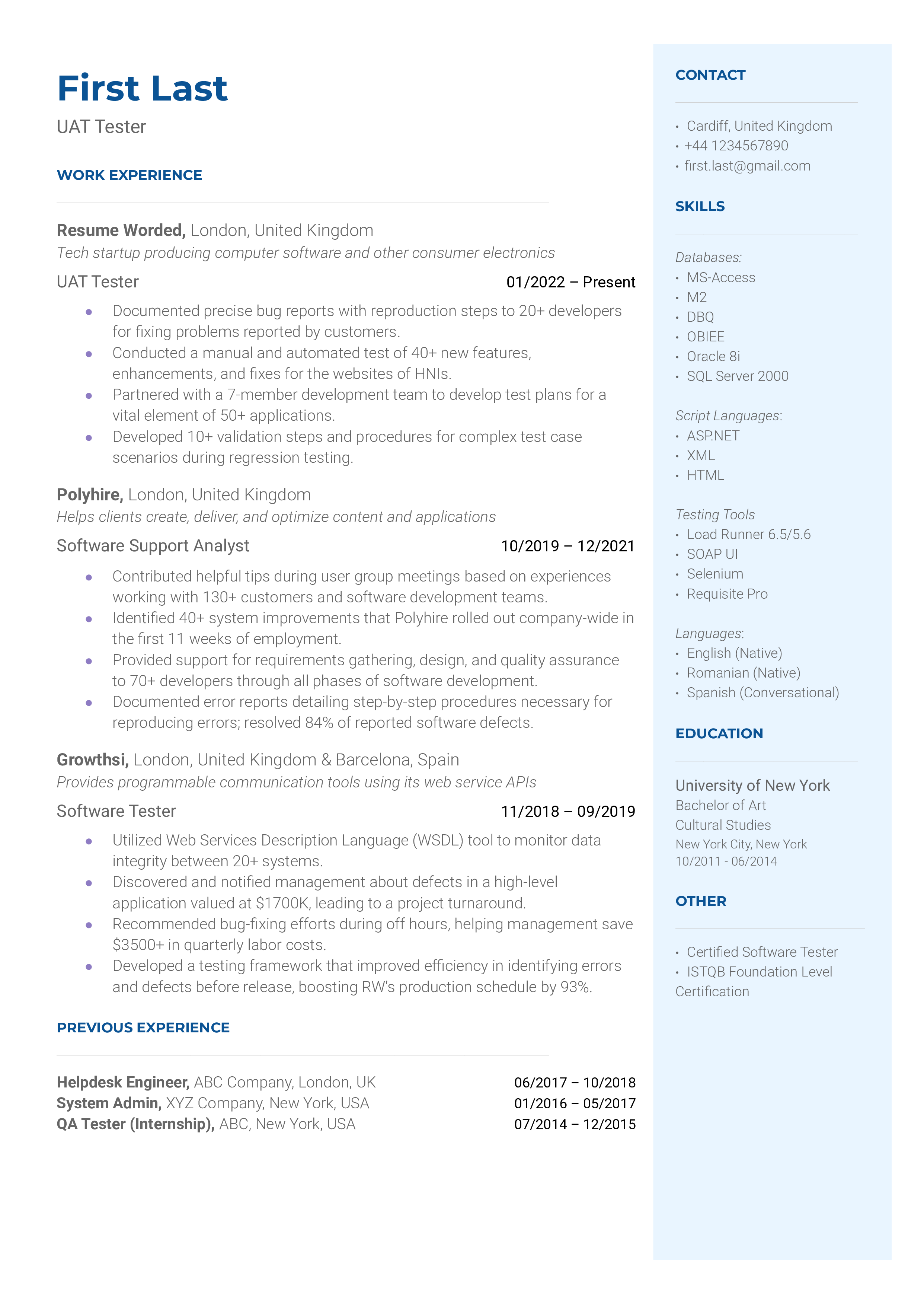 An UAT tester resume template including software testing certifications.