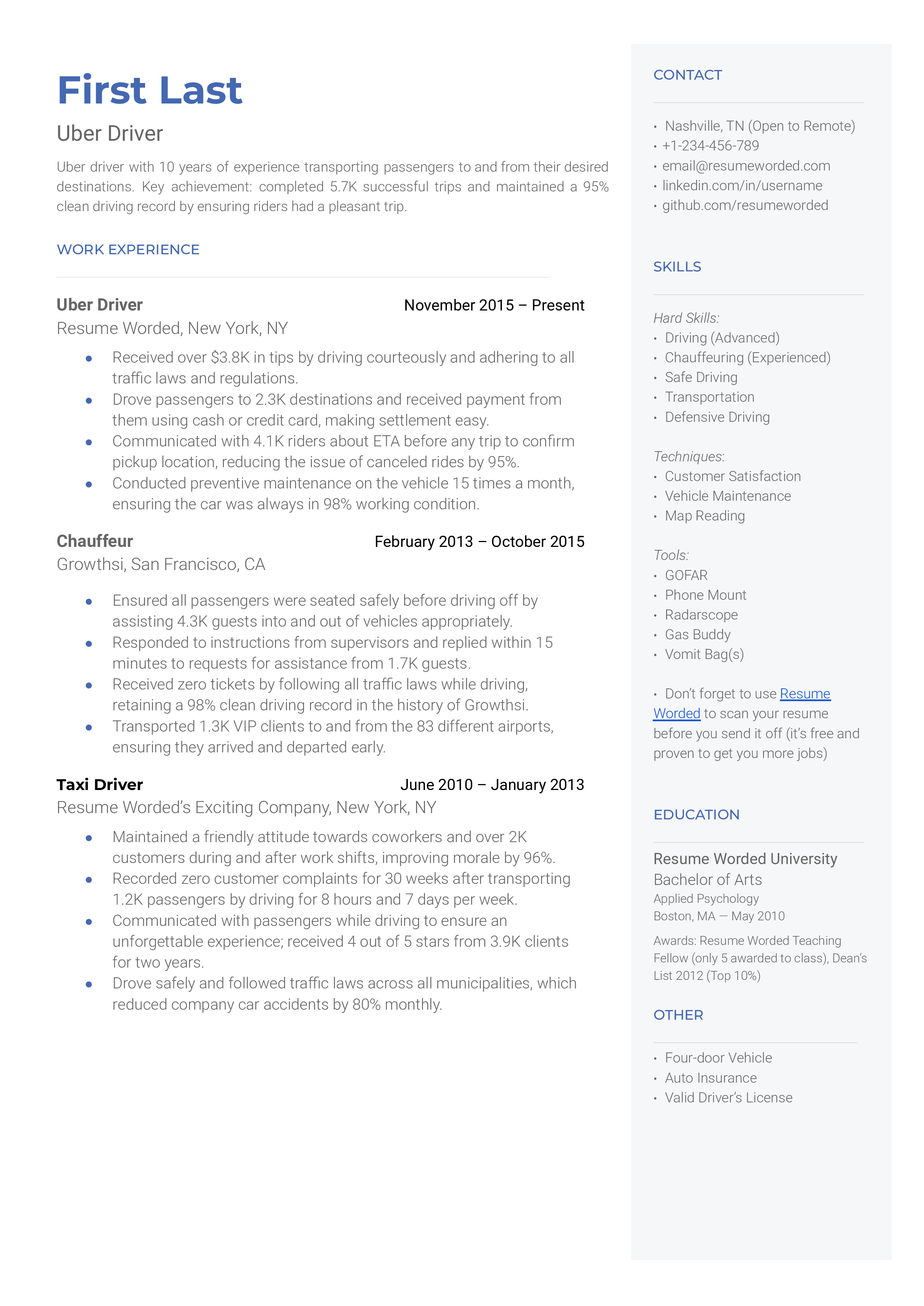 An Uber driver resume sample that highlights the applicant’s qualifications and experience.