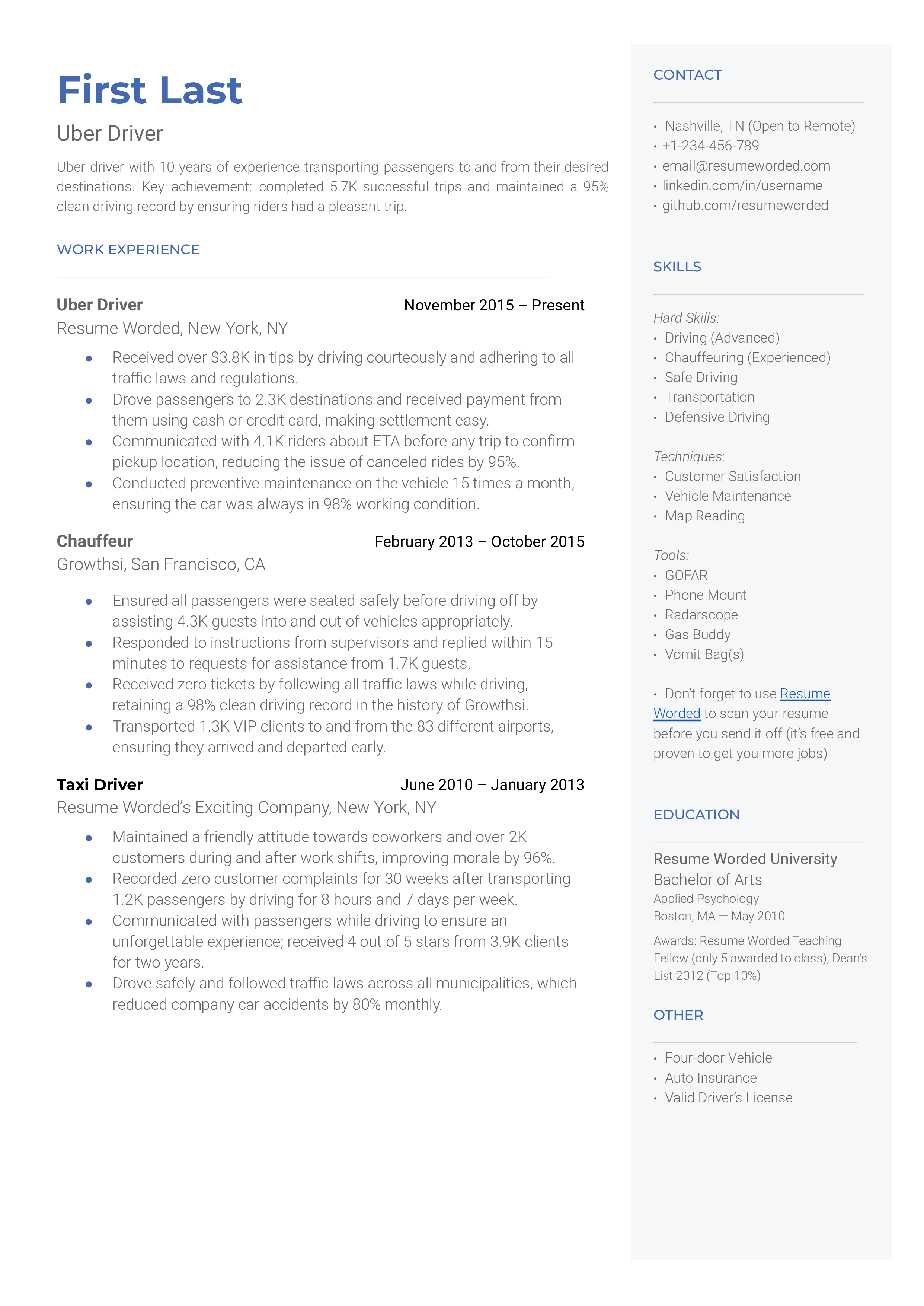 Uber Driver Resume Sample