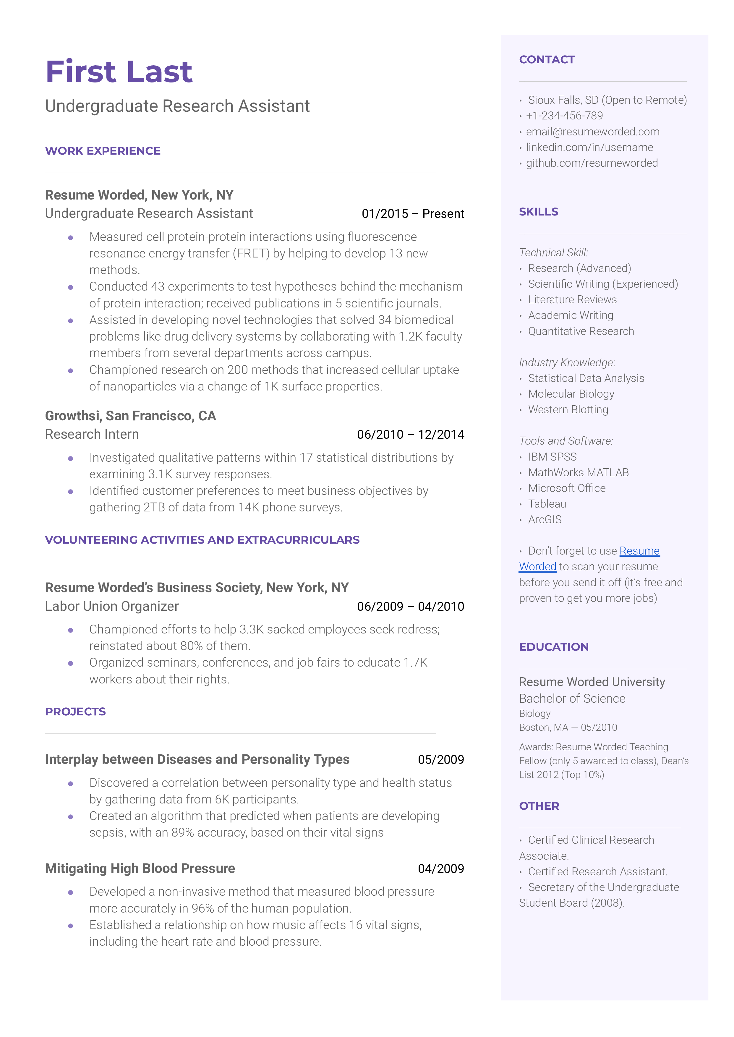 A resume for an undergraduate researcg assistant featuring a biology degree, several published research articles, and previous jobs.