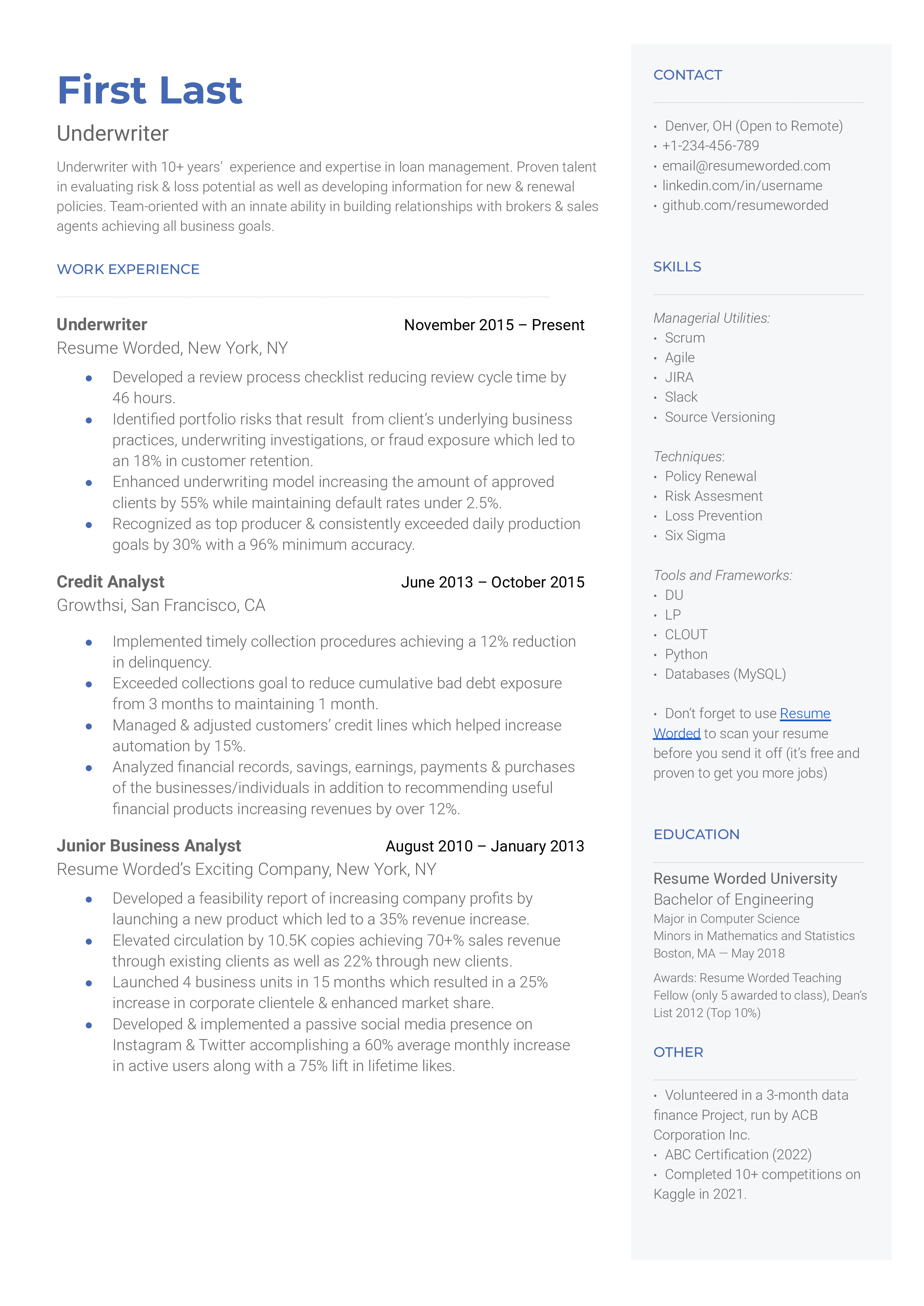 An underwriter resume template showcasing a successful applicant's example in the field.  The resume contains work experience and skills.