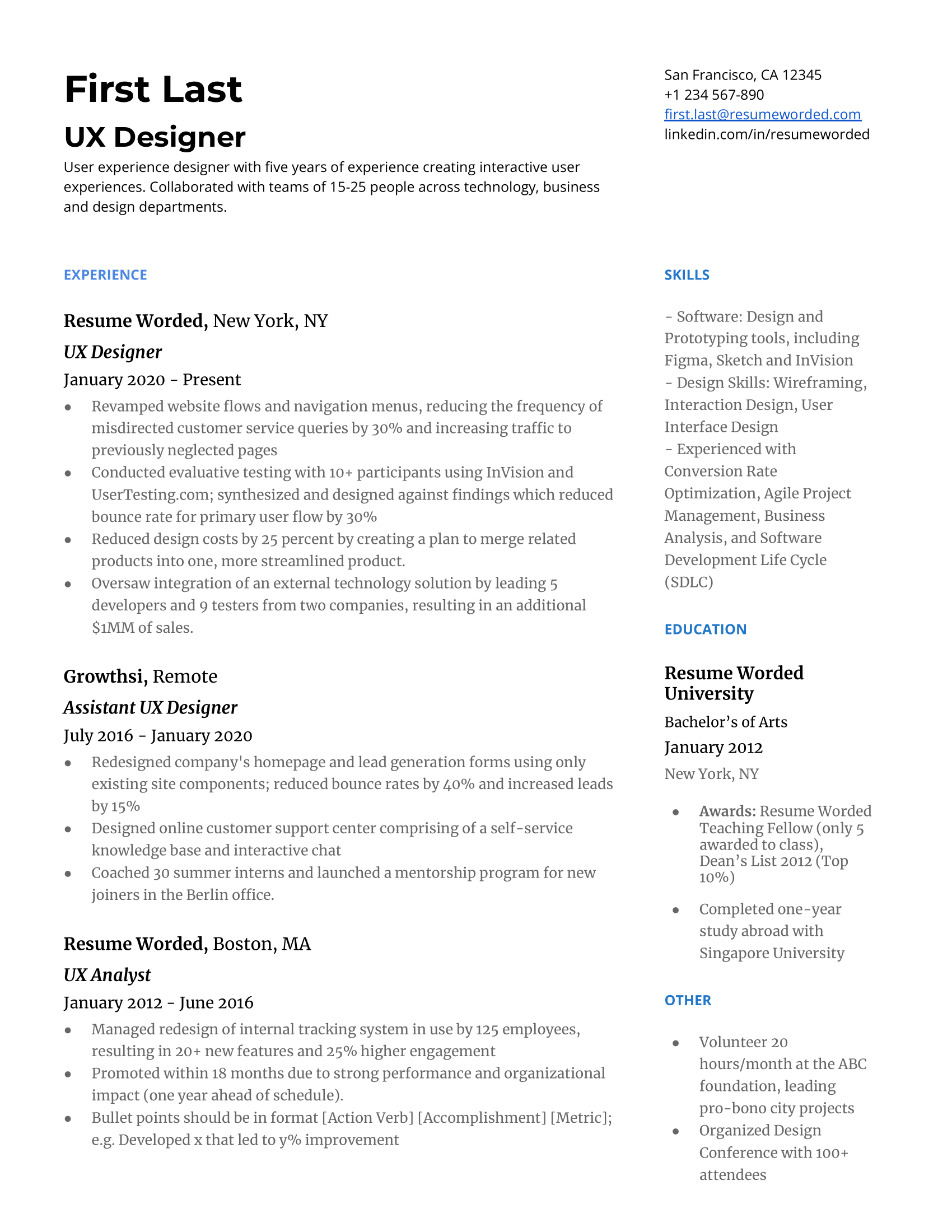 UX Designer (User Experience Designer) Resume Sample