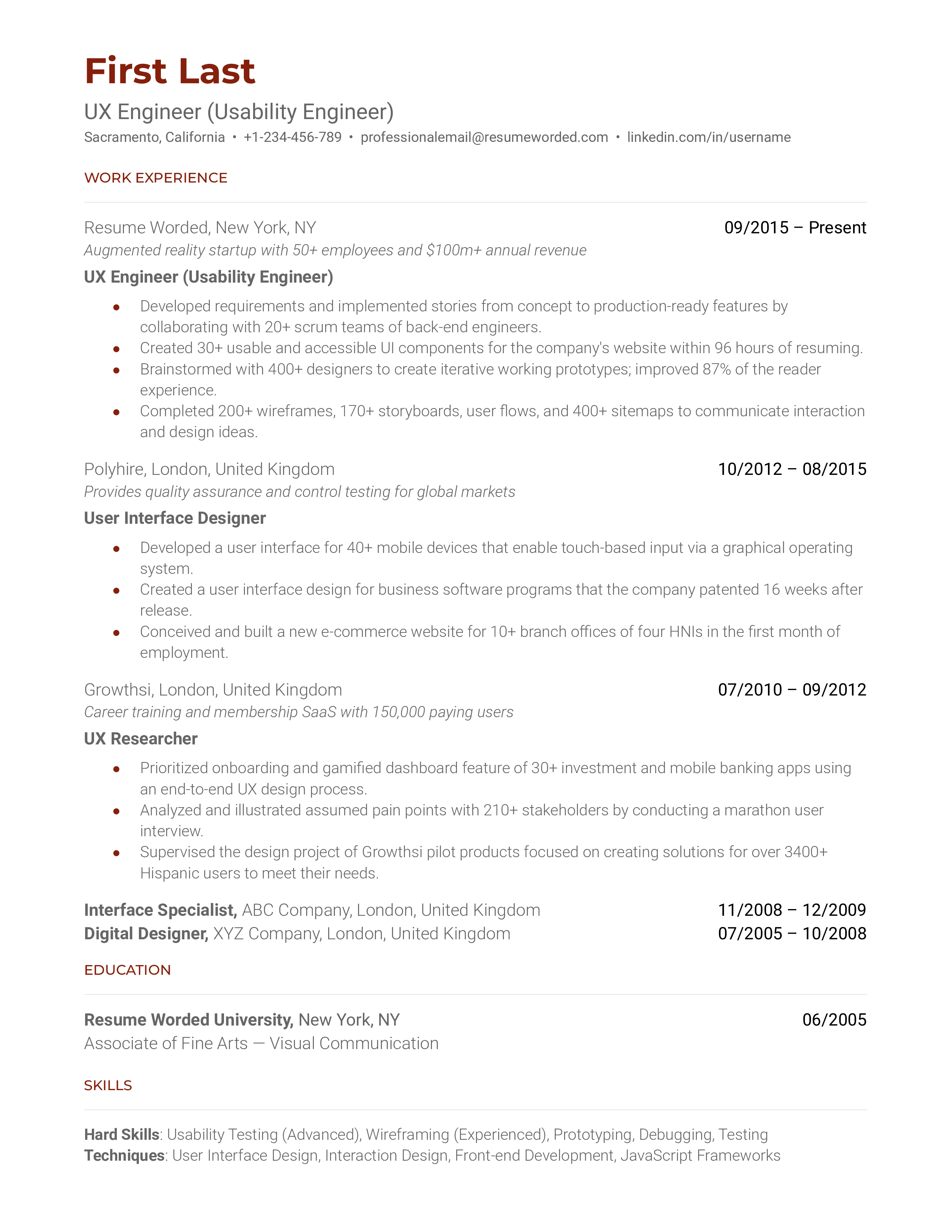 A UX Engineer CV highlighting technical skills and project experiences.