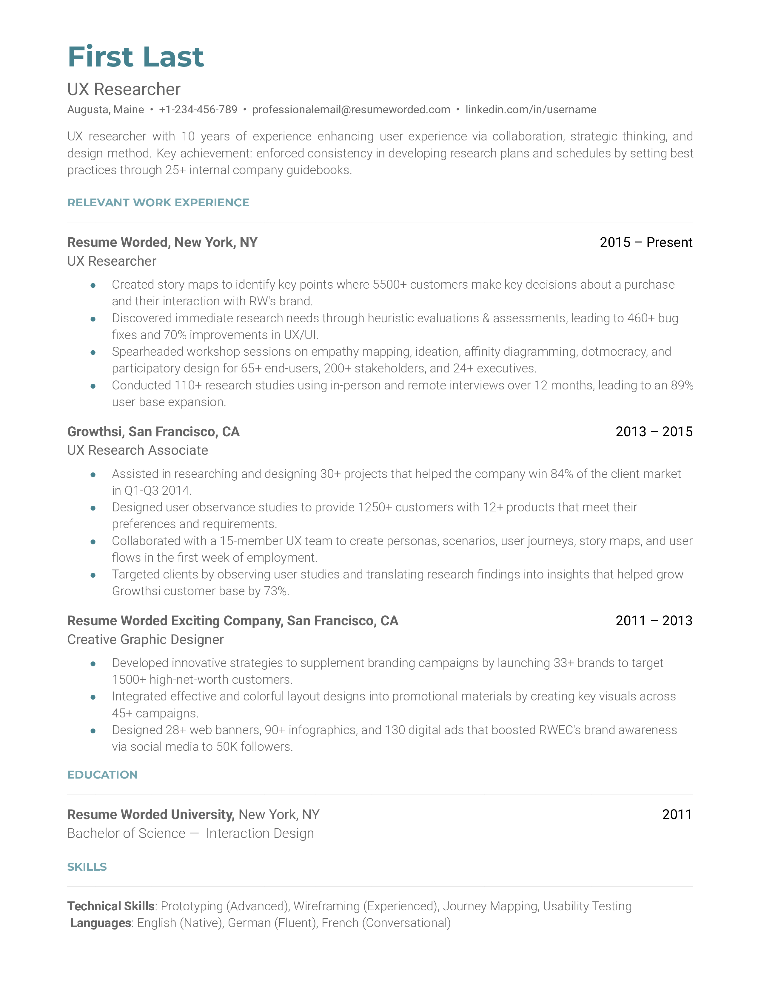 A UX Researcher resume template that highlights technical skills.