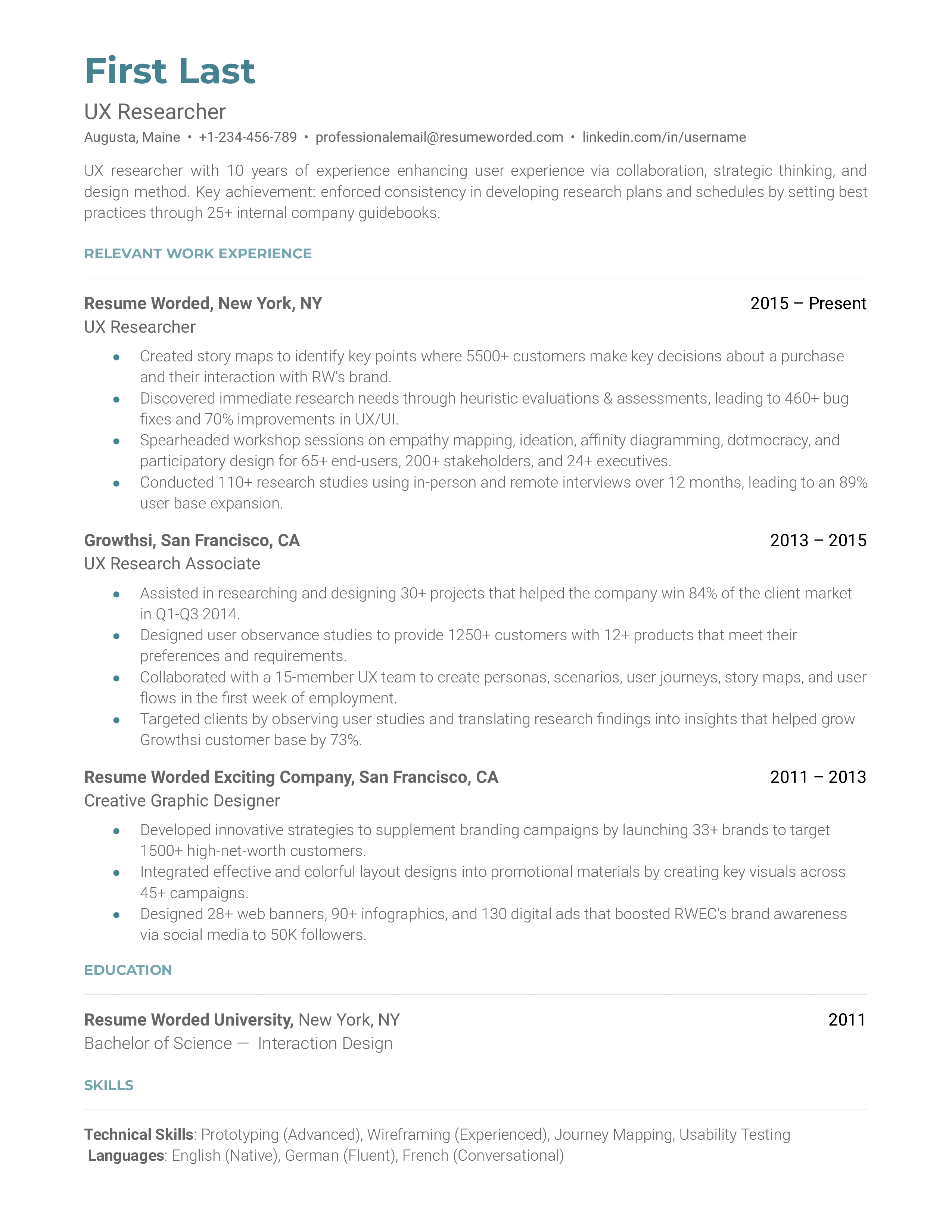 UX Researcher Resume Sample