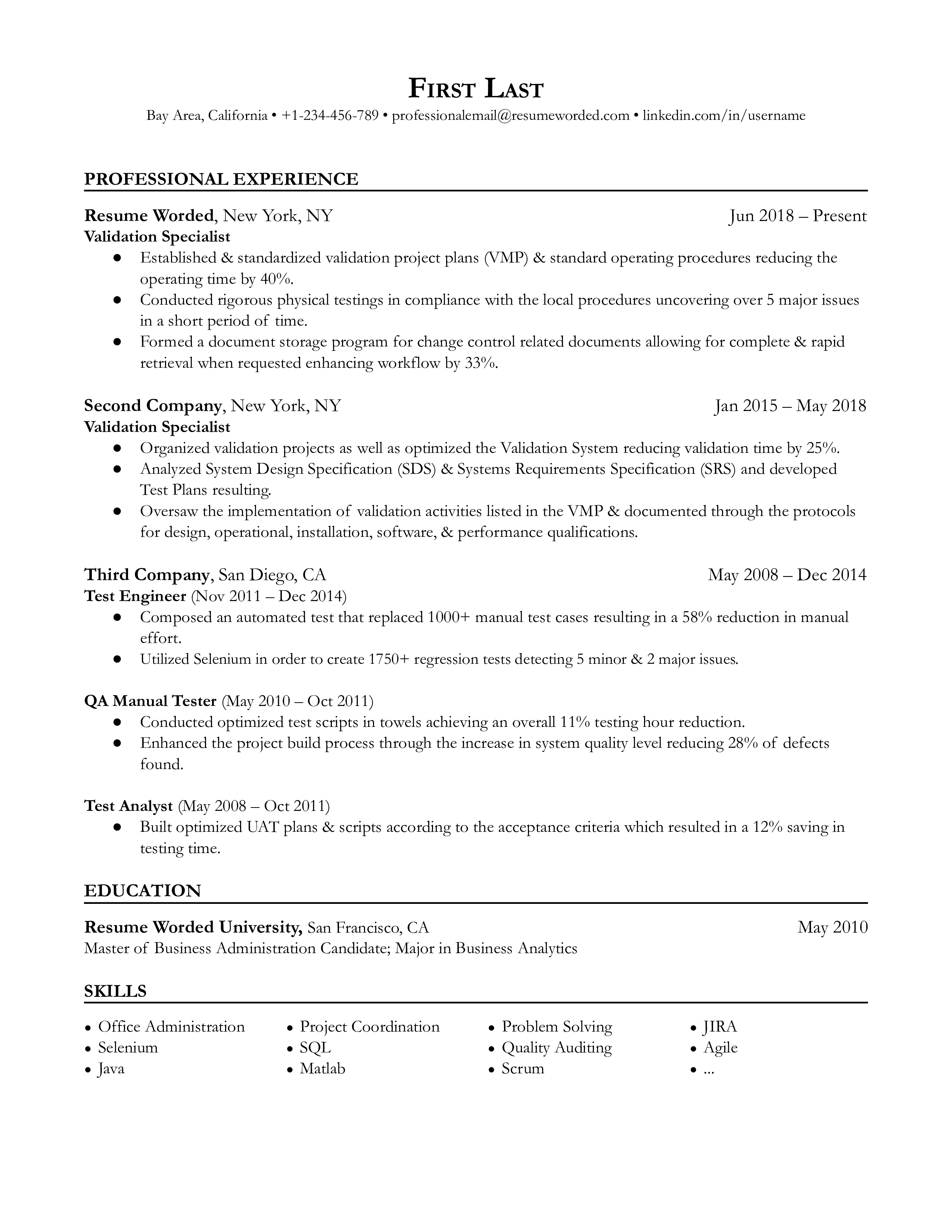 A resume for a validation specialist with a degree in business analytics and experience as a test analyst and test engineer.