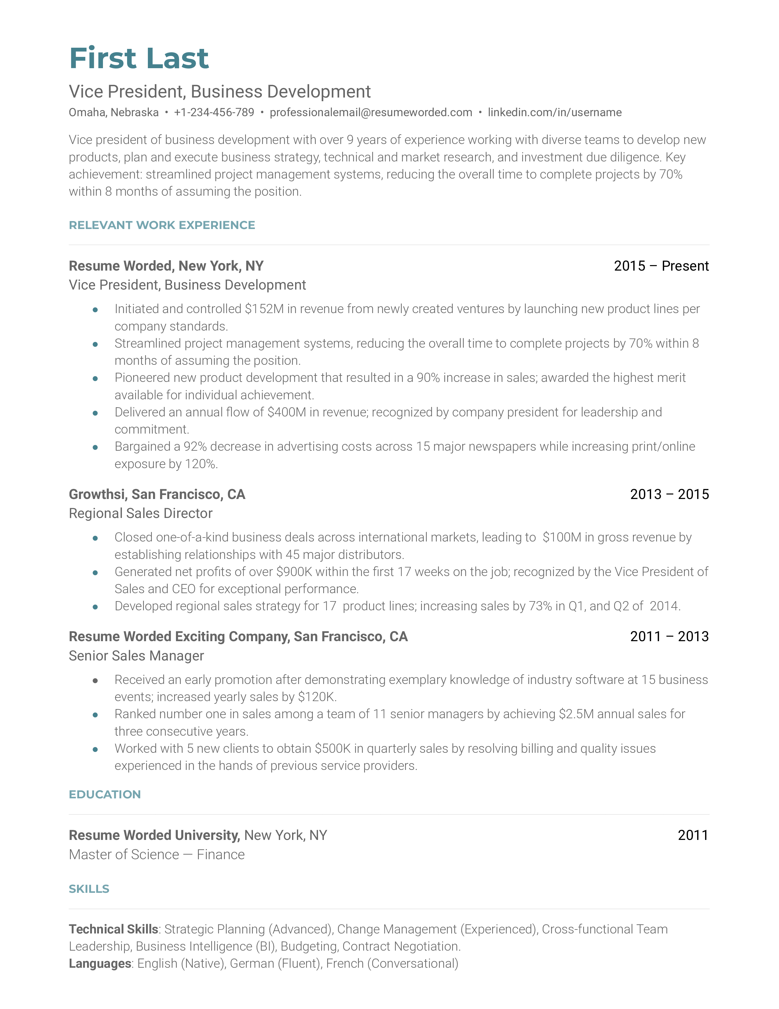 A vice president of business development resume sample that highlights the applicant’s career progression and leadership skills.