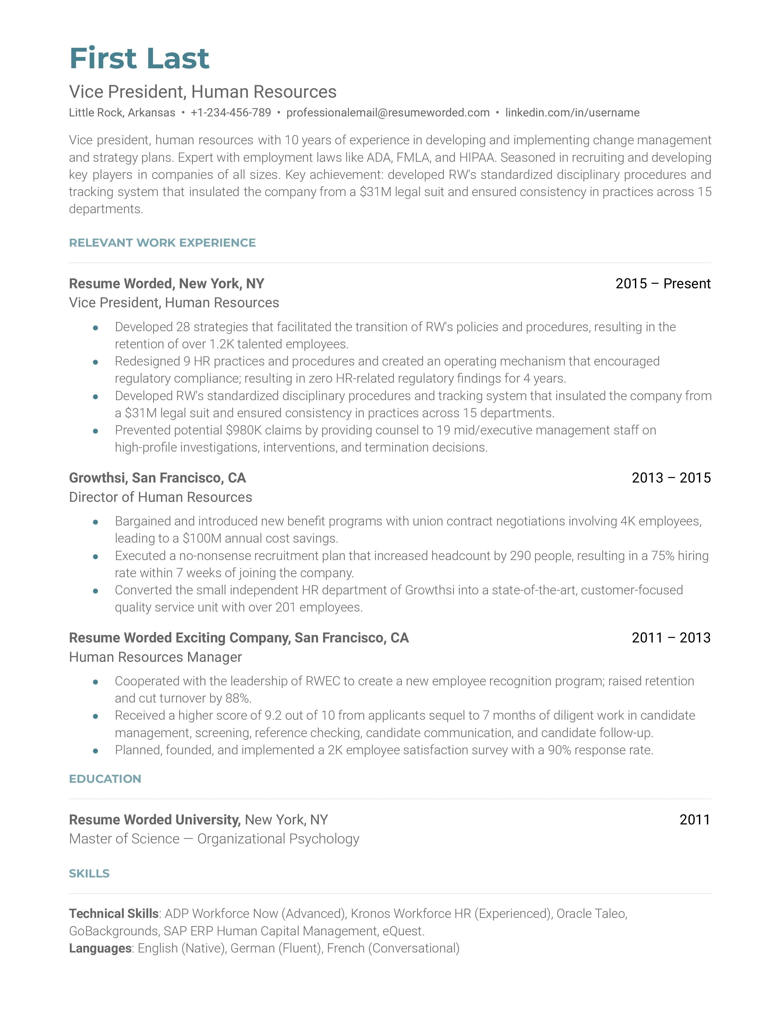 A vice president of Human Resources resume sample that highlights the applicant’s managerial and HR skill set and extensive experience.