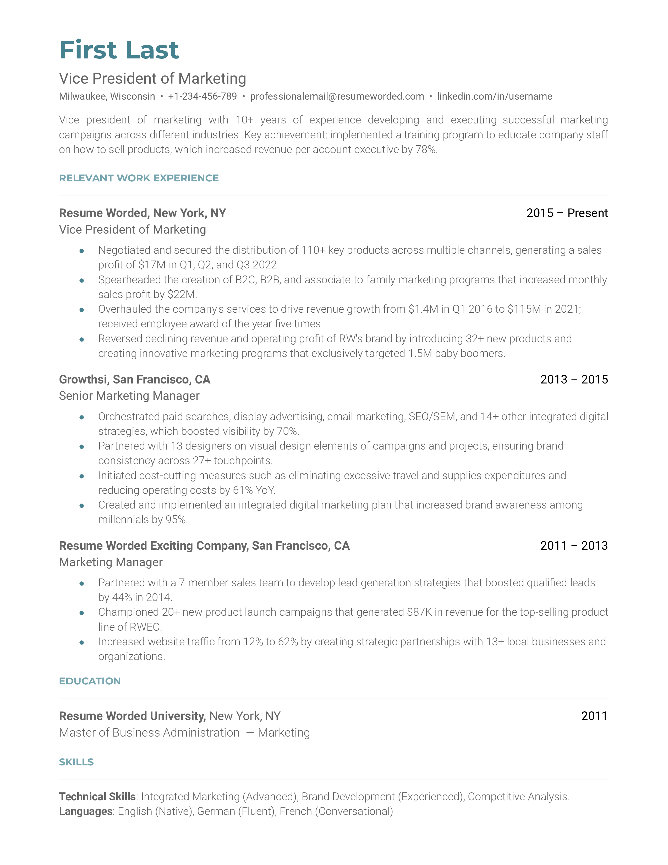 A vice president of marketing resume template that highlights achievements.