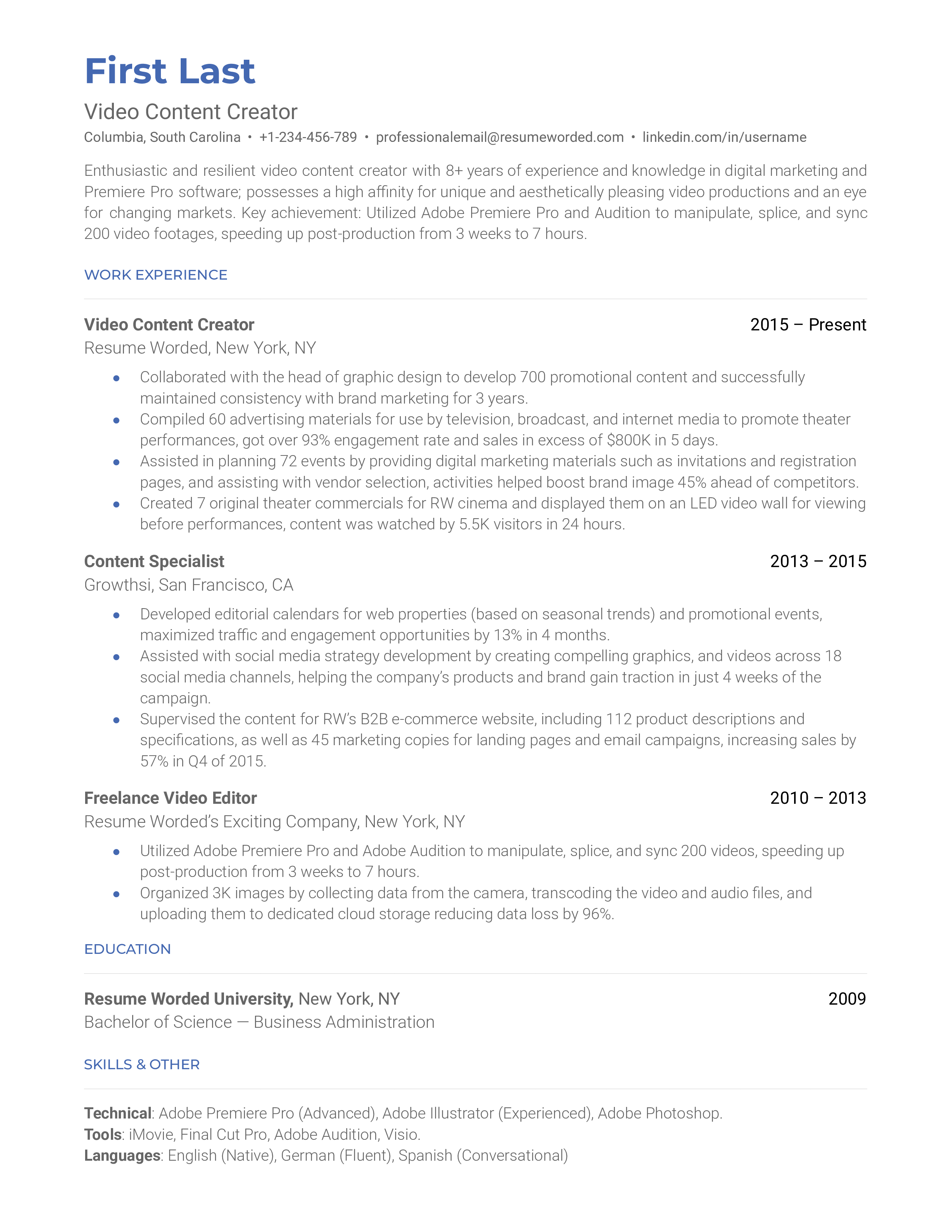 Video content creator resume sample that highlights experience in video production and software program experience.