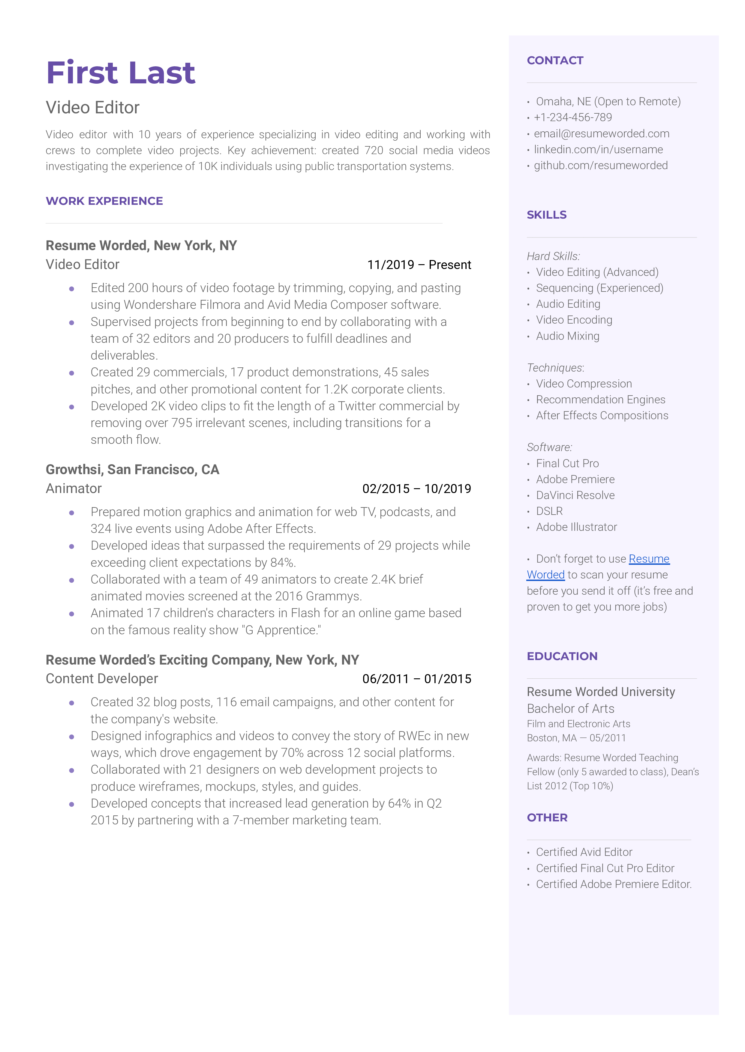 3 Video Editor Resume Examples for 2023 | Resume Worded