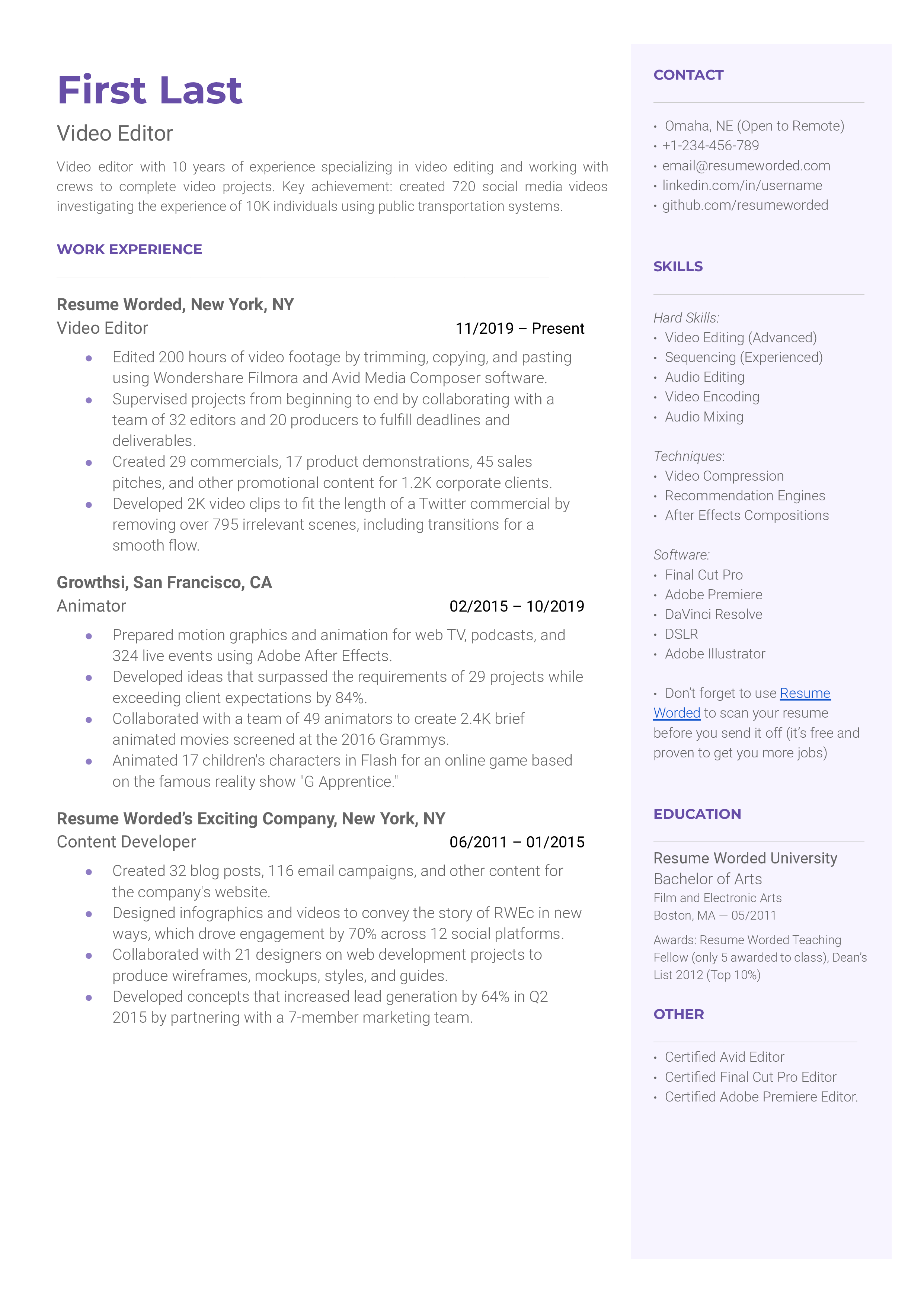 Videographer Resume Examples for 2024 Resume Worded