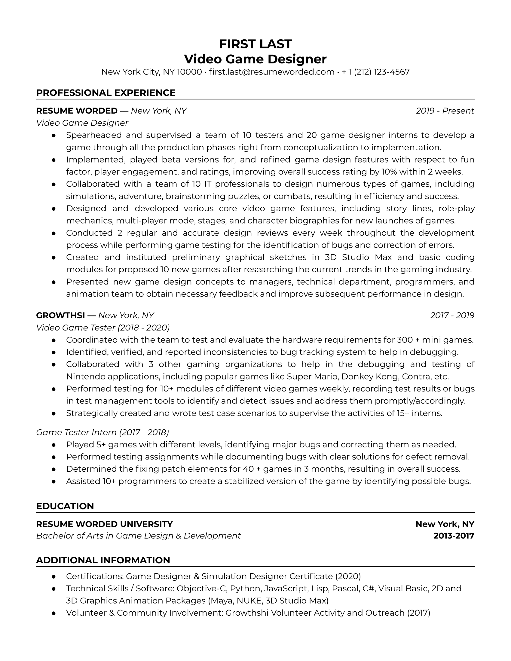 4 Game Design Resume Examples for 2022 Resume Worded