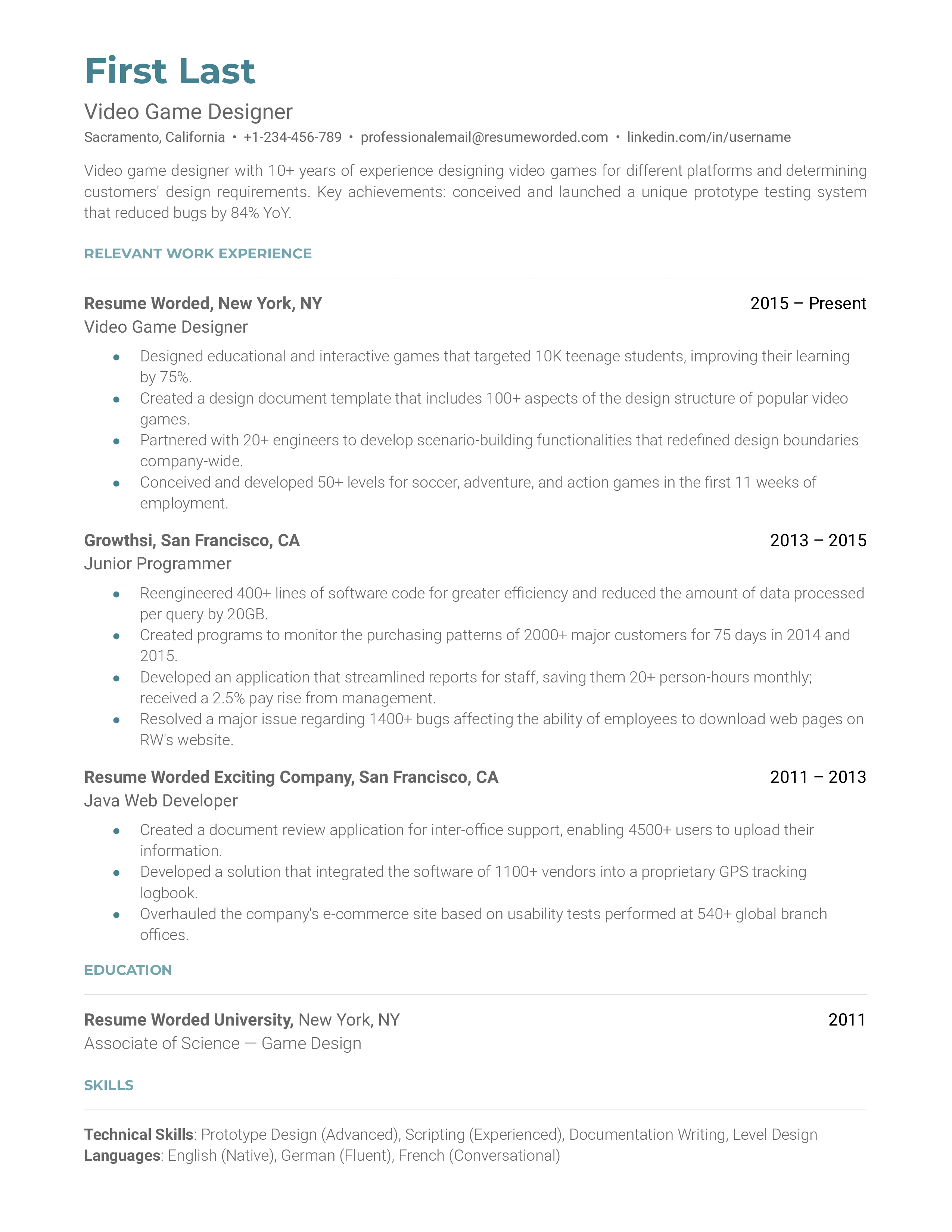 Video game designer resume example showcasing creative projects and technical skills.