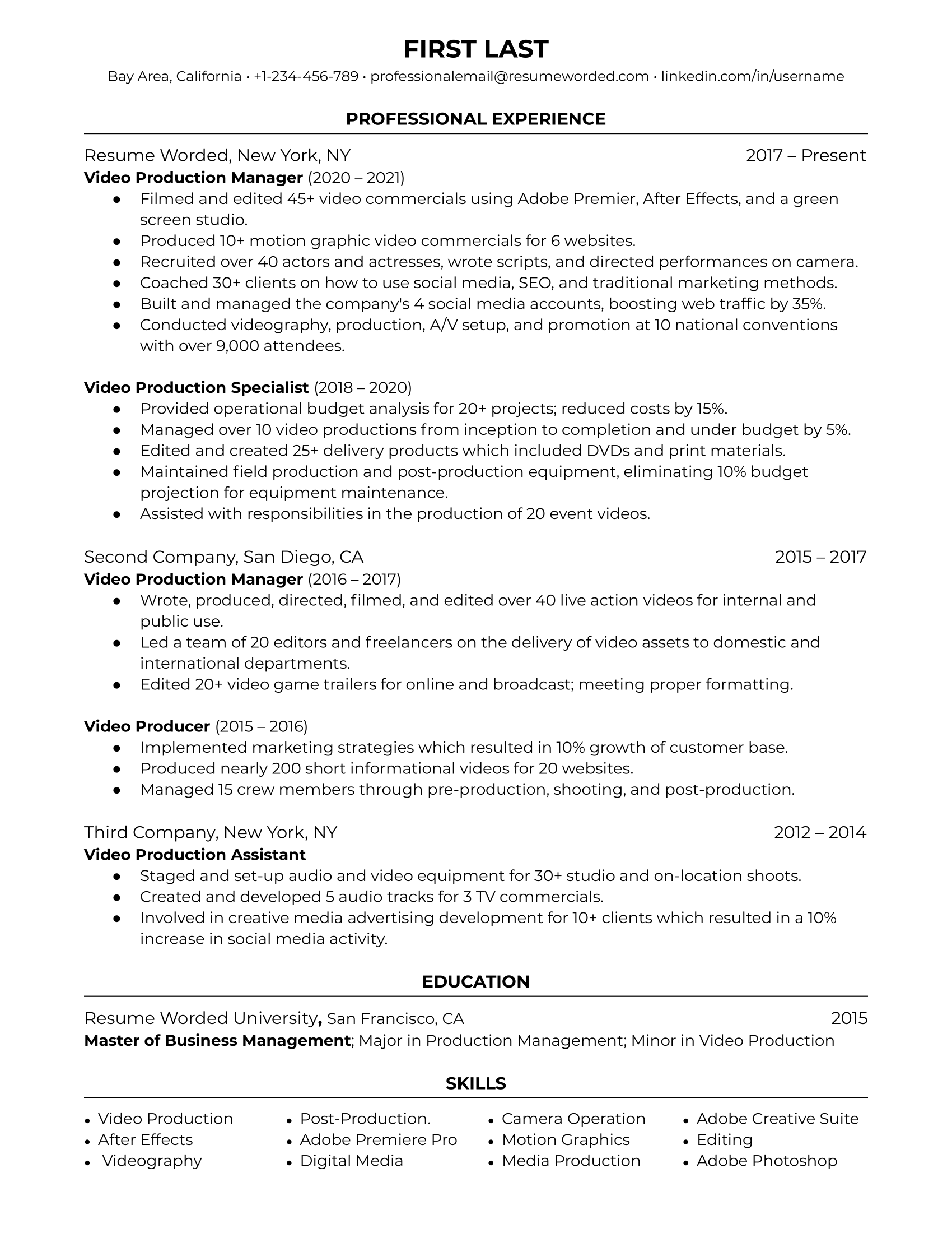 Video Production Manager Resume Sample