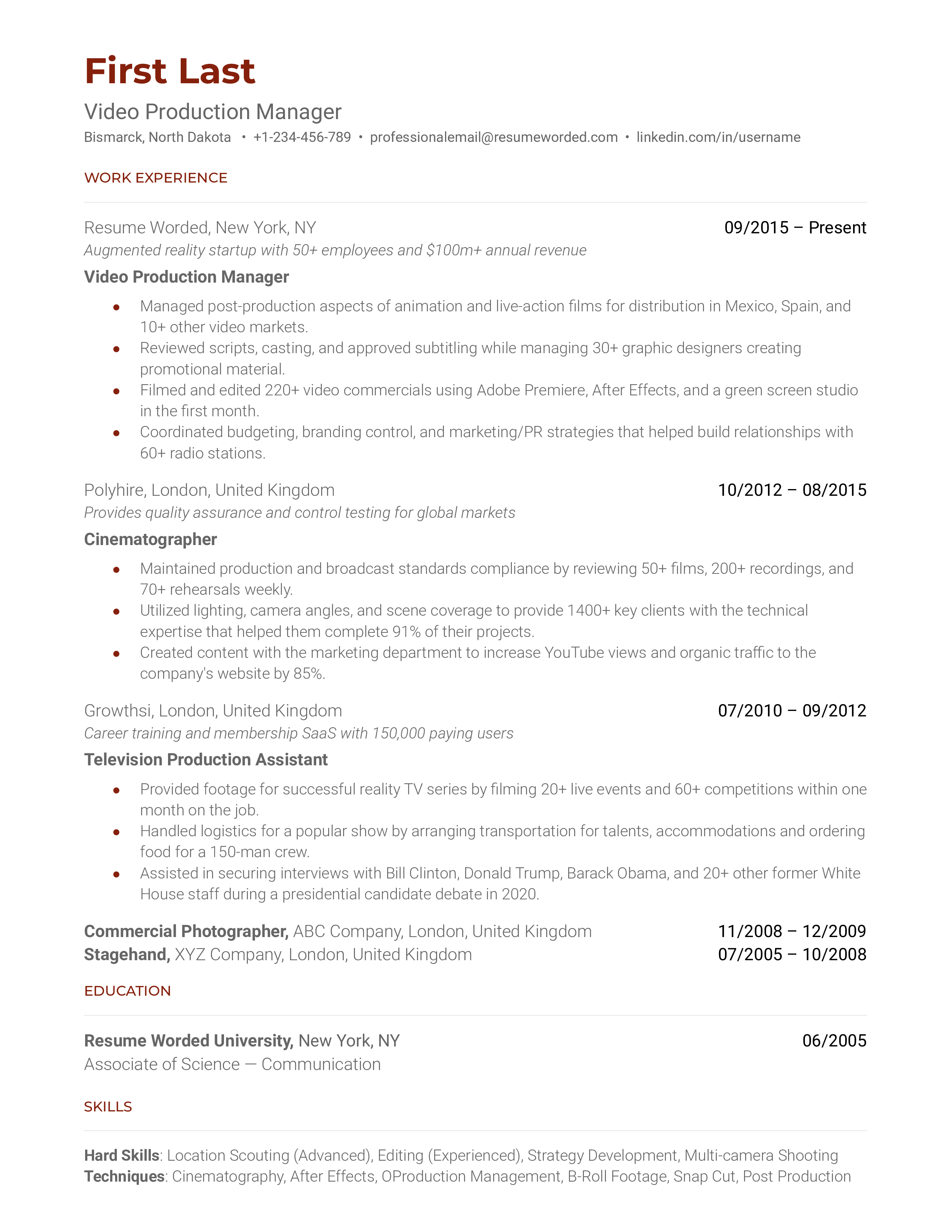 A well-crafted CV for a Video Production Manager position.