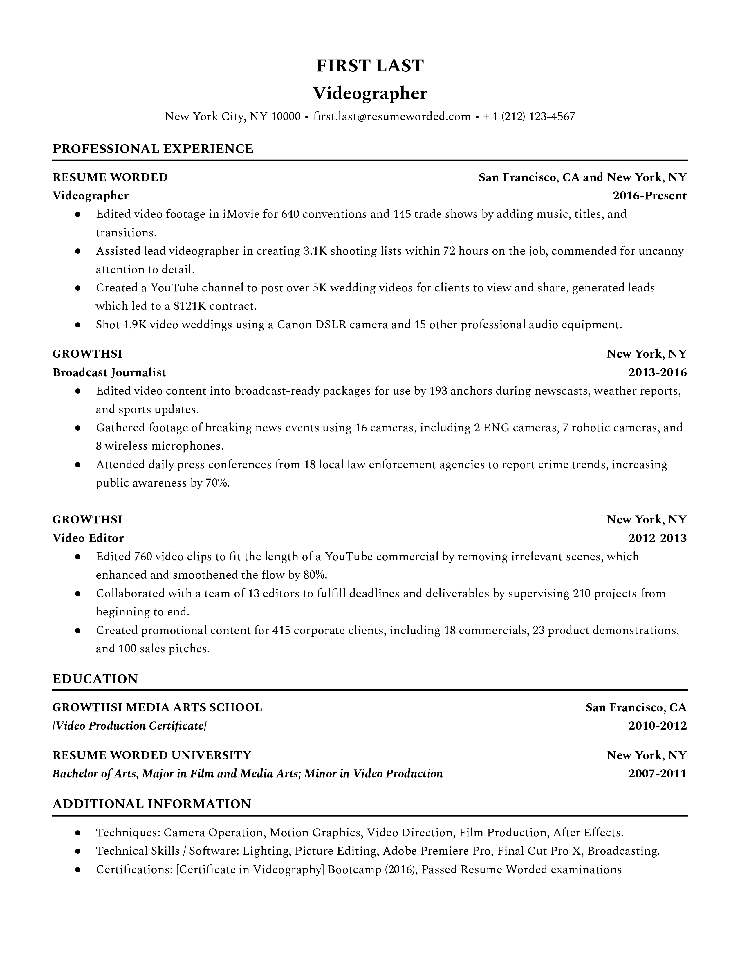 Videographer Resume Examples for 2024 | Resume Worded