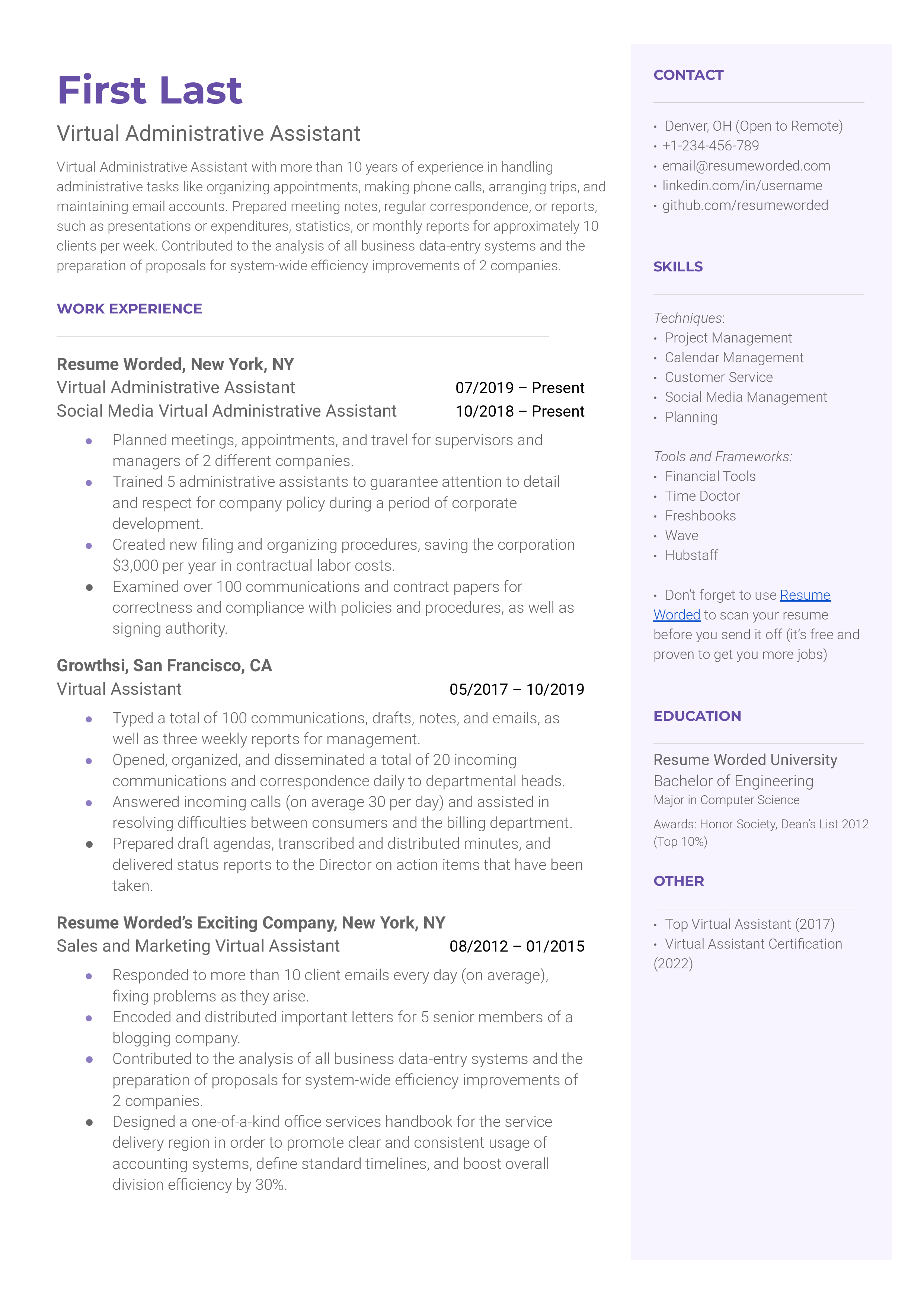 A well-structured CV for a Virtual Administrative Assistant job application.