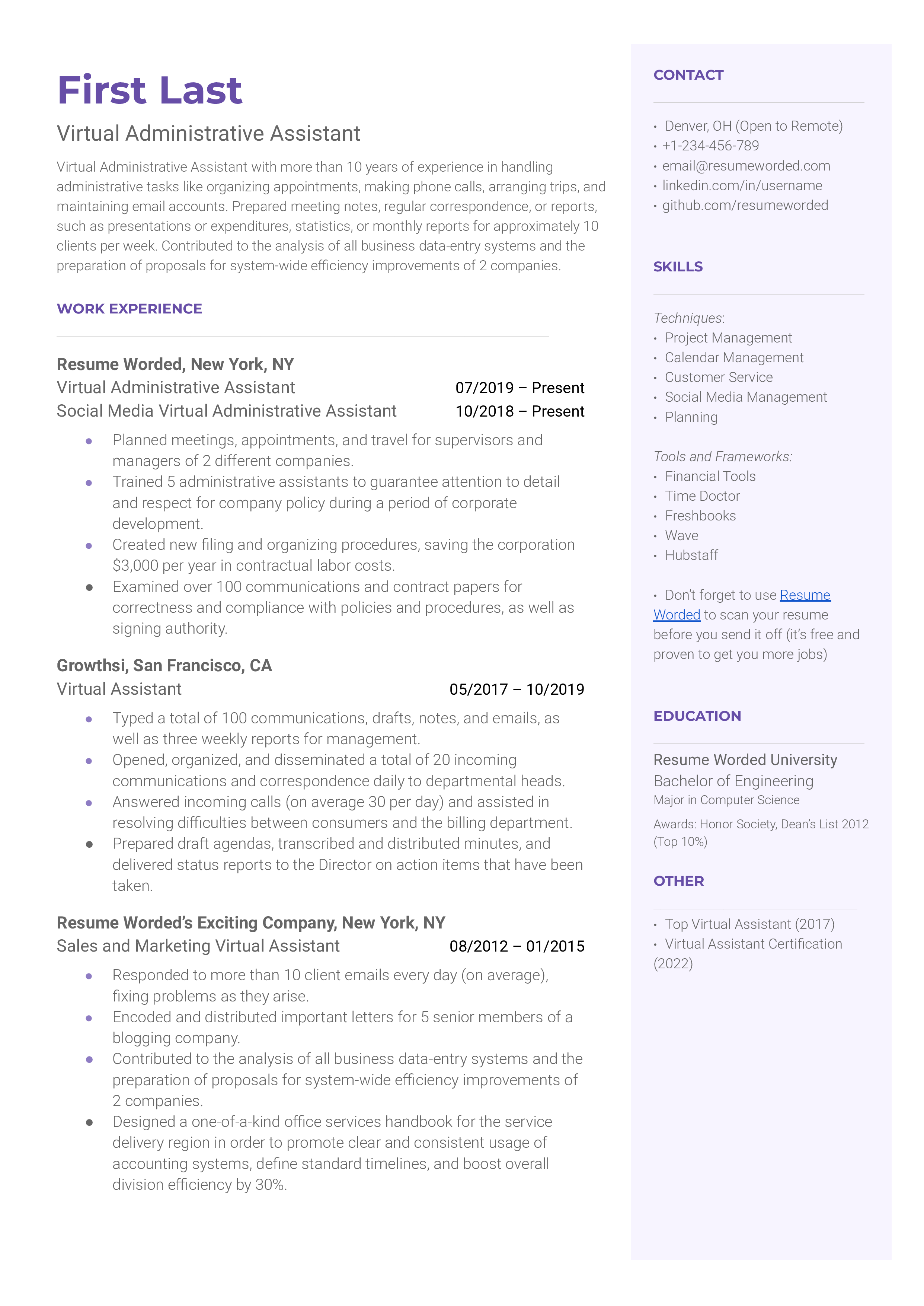 Virtual Administrative Assistant Resume Sample