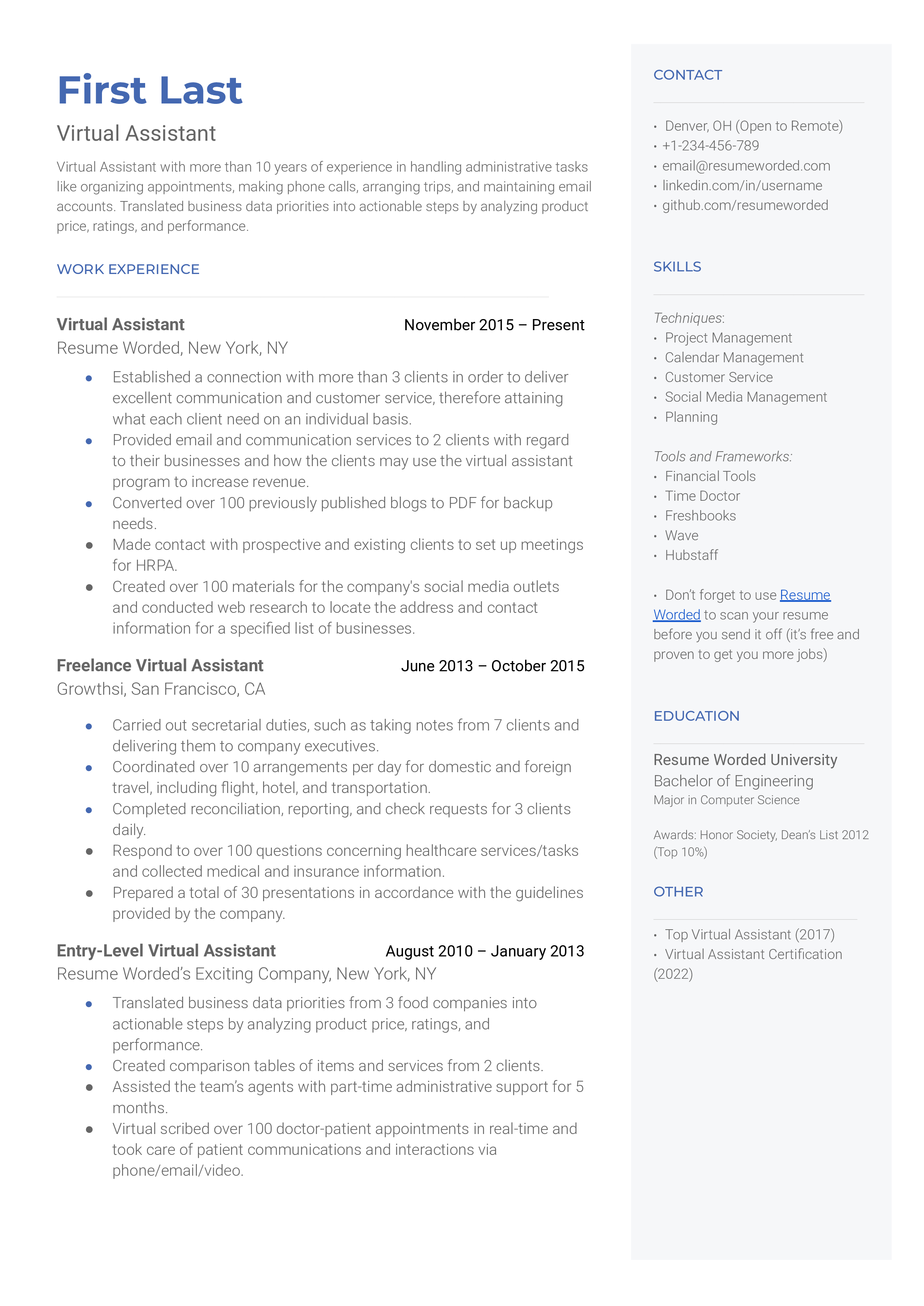 A well-structured CV tailored for a Virtual Assistant role.