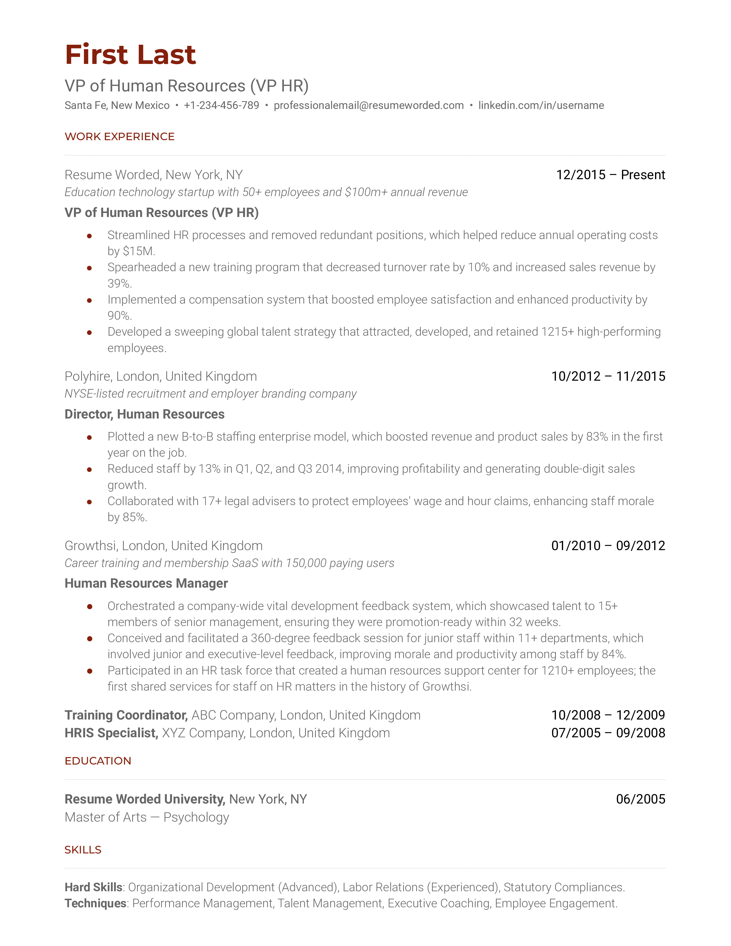A resume for a VP of human resources with a master's degree in psychology and experience as a human resources manager and director.