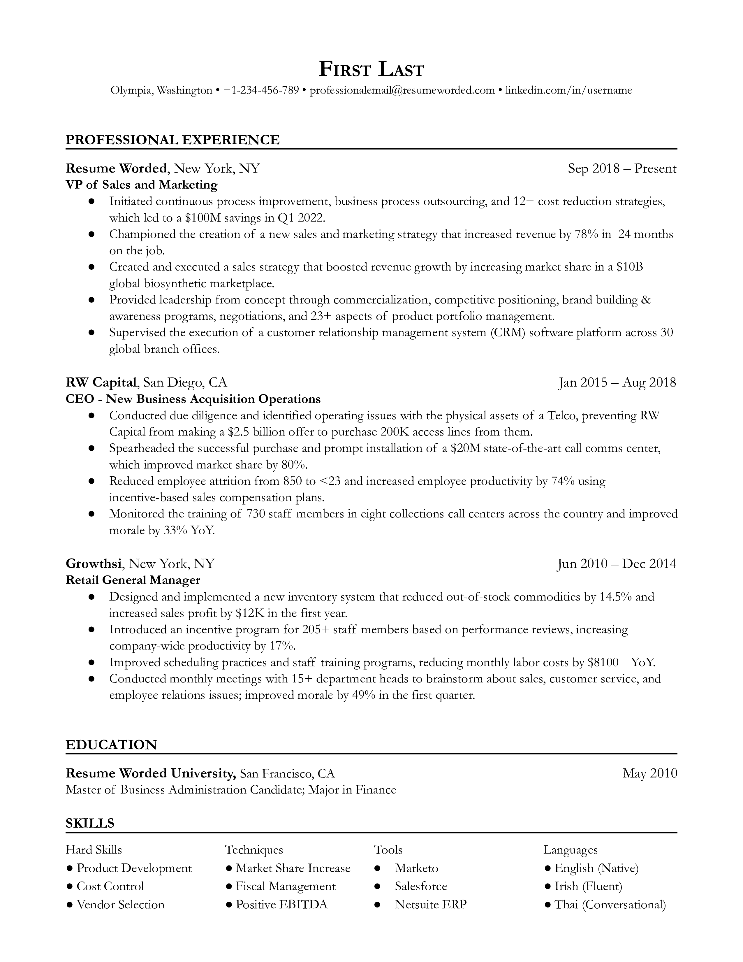 A VP of sales and marketing resume sample that highlights the applicant’s quantifiable success and experience.