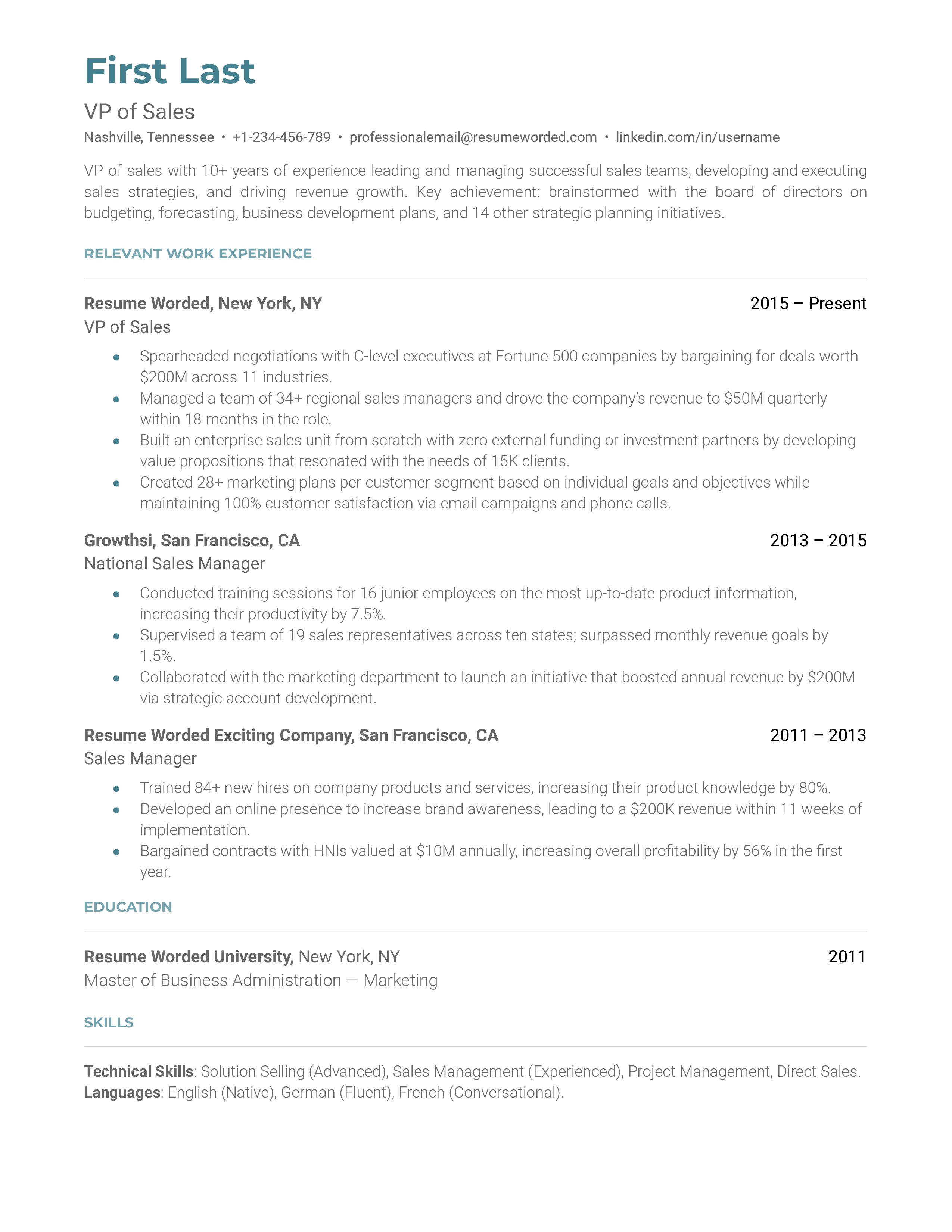A VP of sales resume sample that highlights the applicant’s management experience and success.