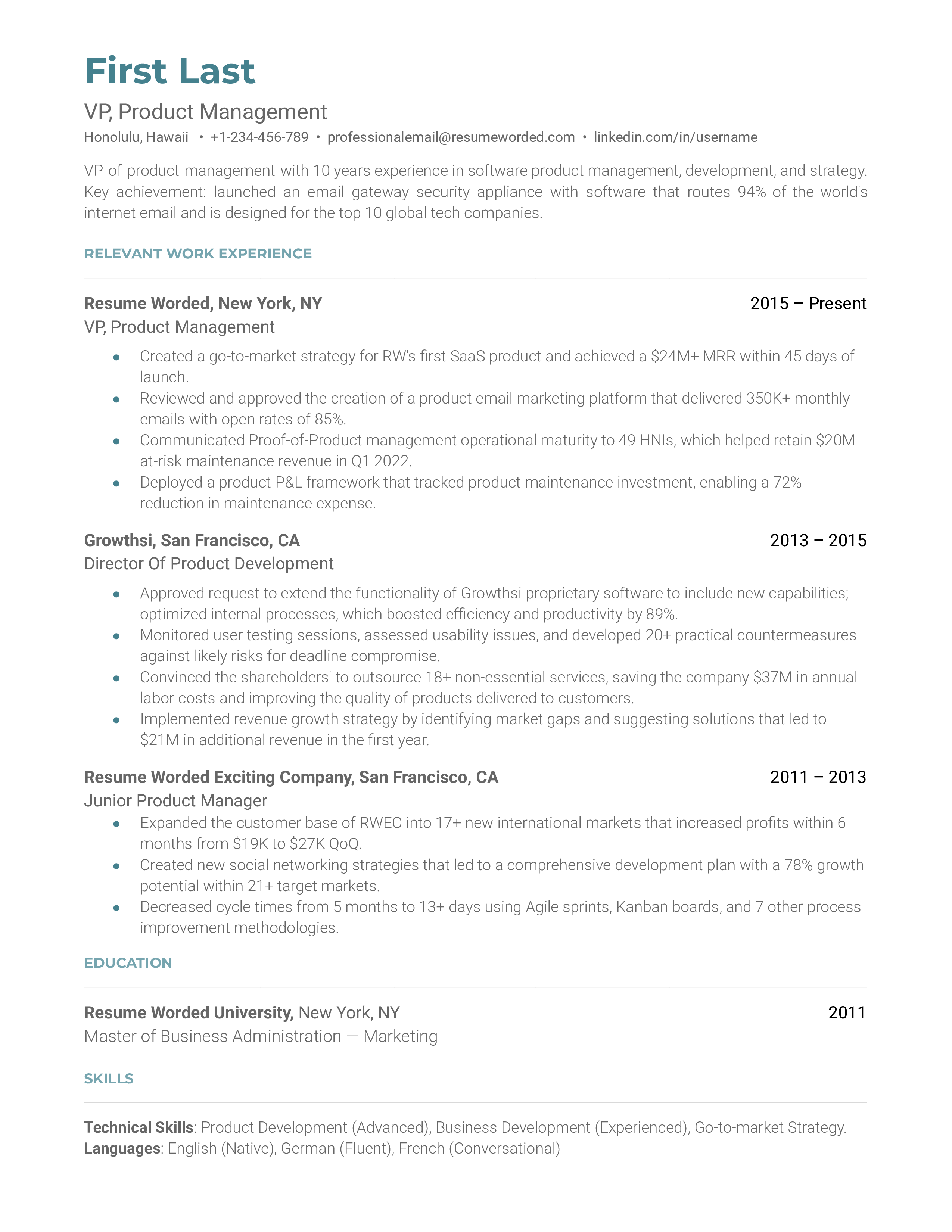 A VP of product management resume sample that highlights the candidate’s key achievements and career progressions.