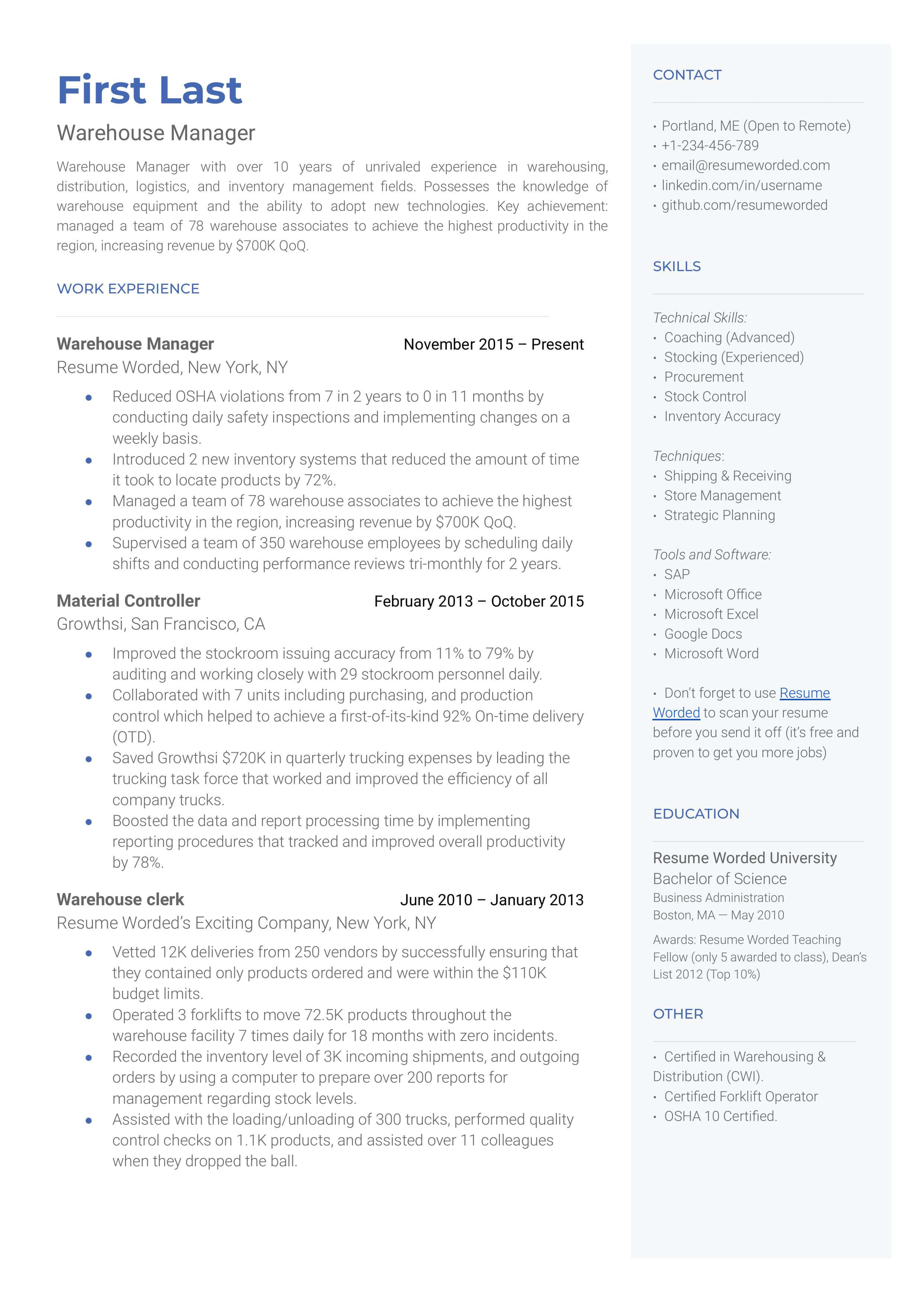 A detailed CV showcasing the skills and experiences of a Warehouse Manager.