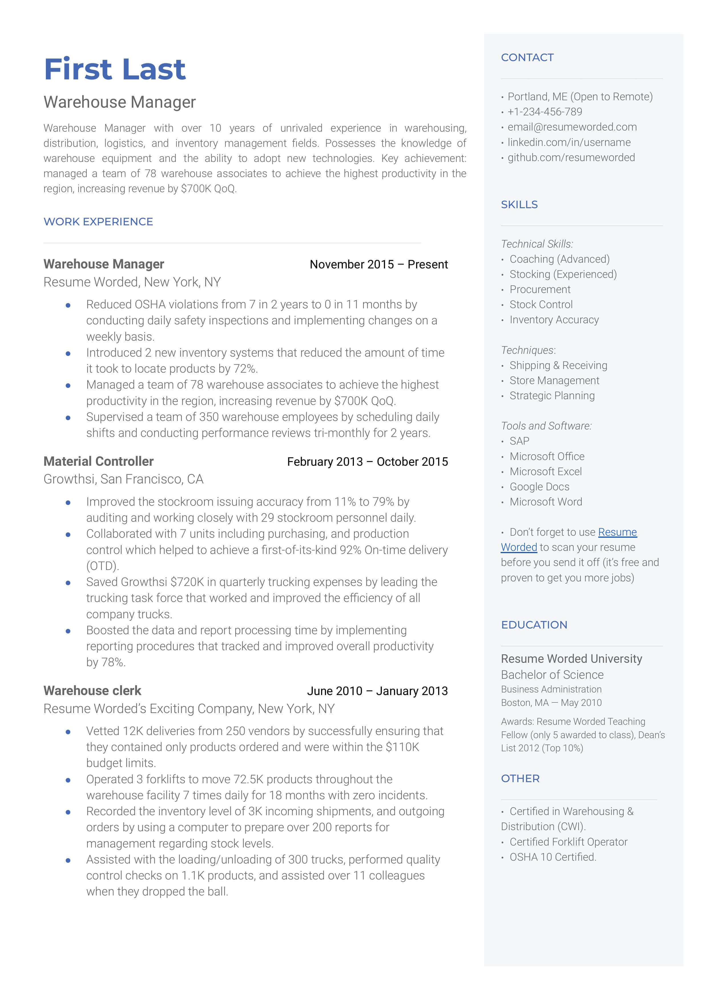 4 Warehouse Manager CV Examples For 2024 Resume Worded   Warehouse Manager Cv Example 