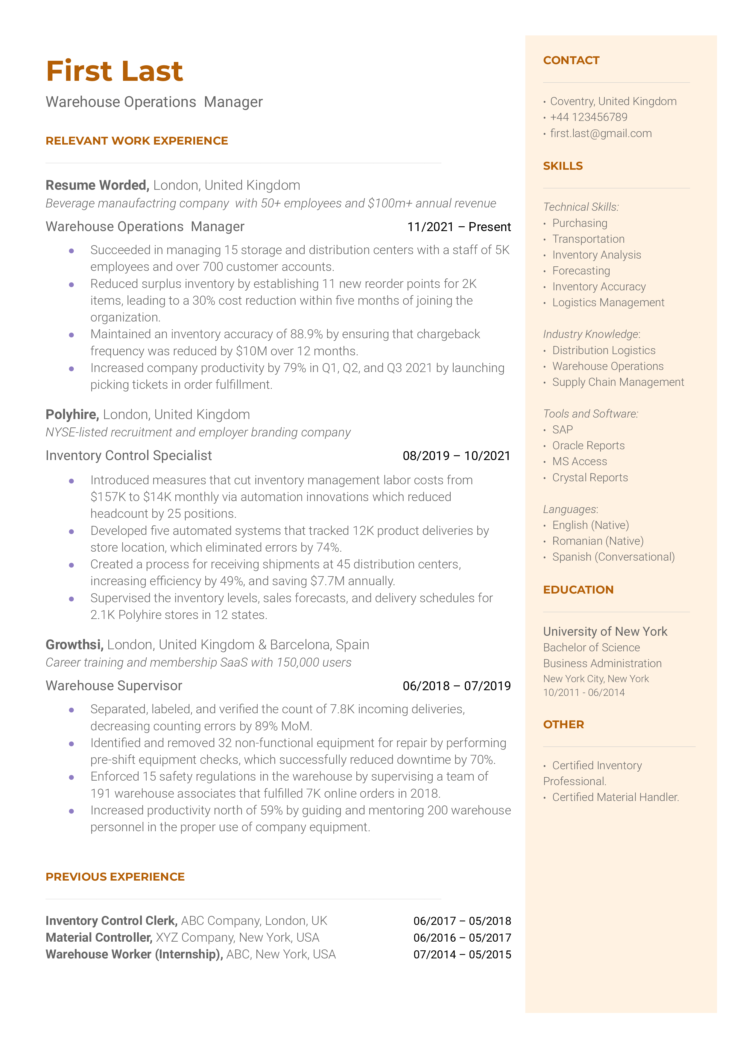 A concise warehouse operations manager CV showcasing digital skills and safety experience.