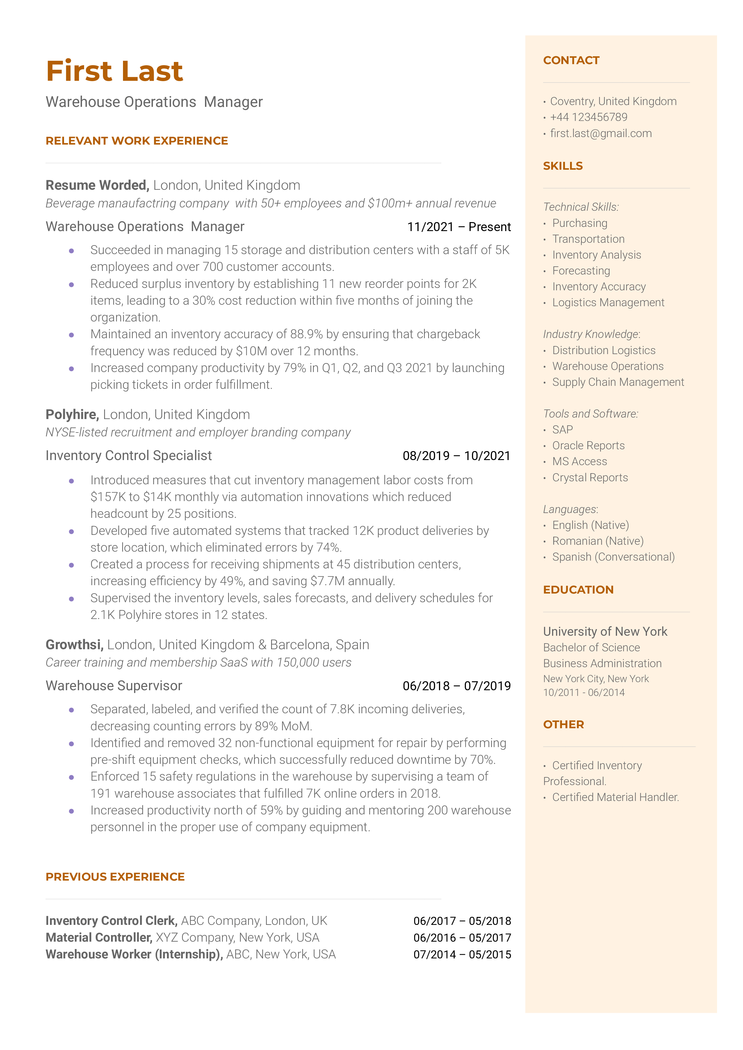 A warehouse operations manager resume highlighting the applicant’s managerial accomplishments and impressive tools section.