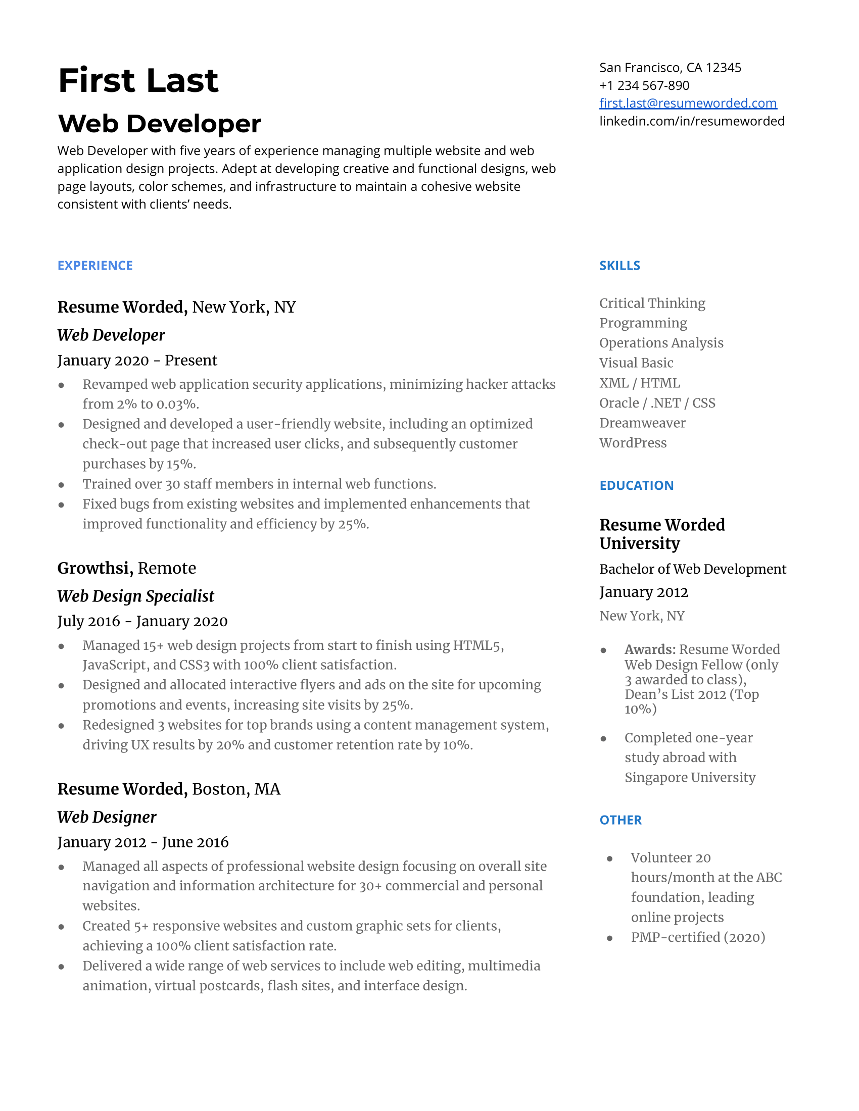 Web developer CV showcasing technical skills and industry trend knowledge.