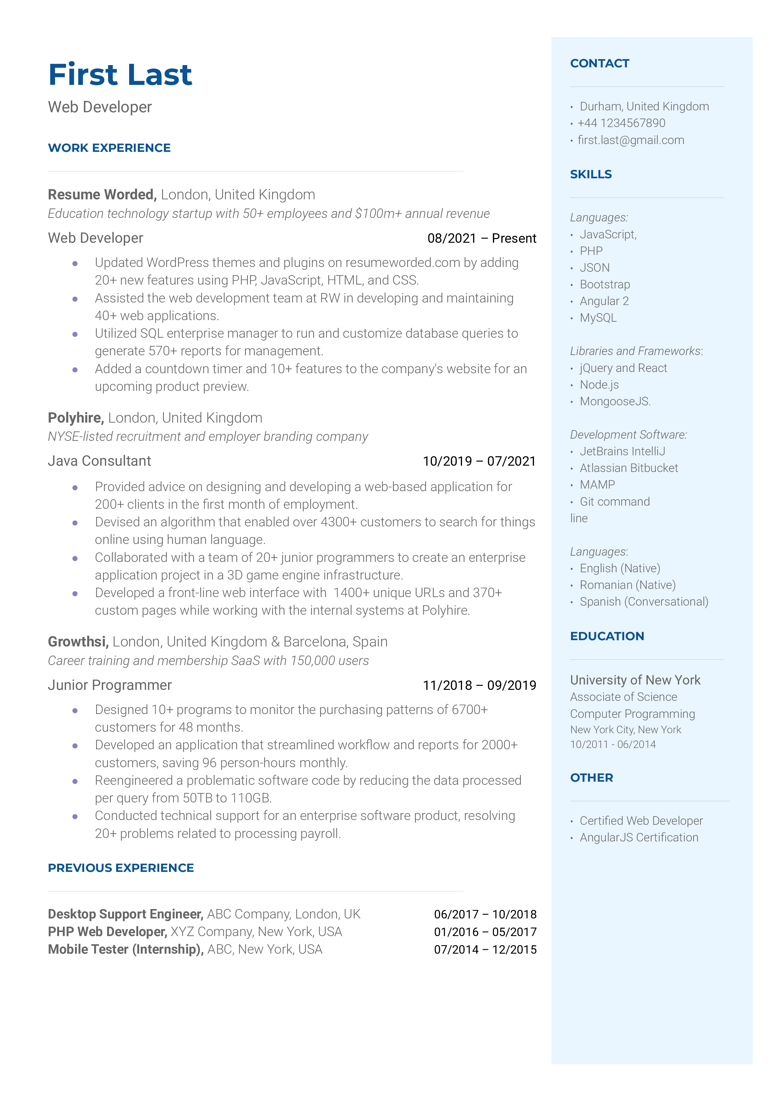 Web Developer resume with technical skills and projects highlighted