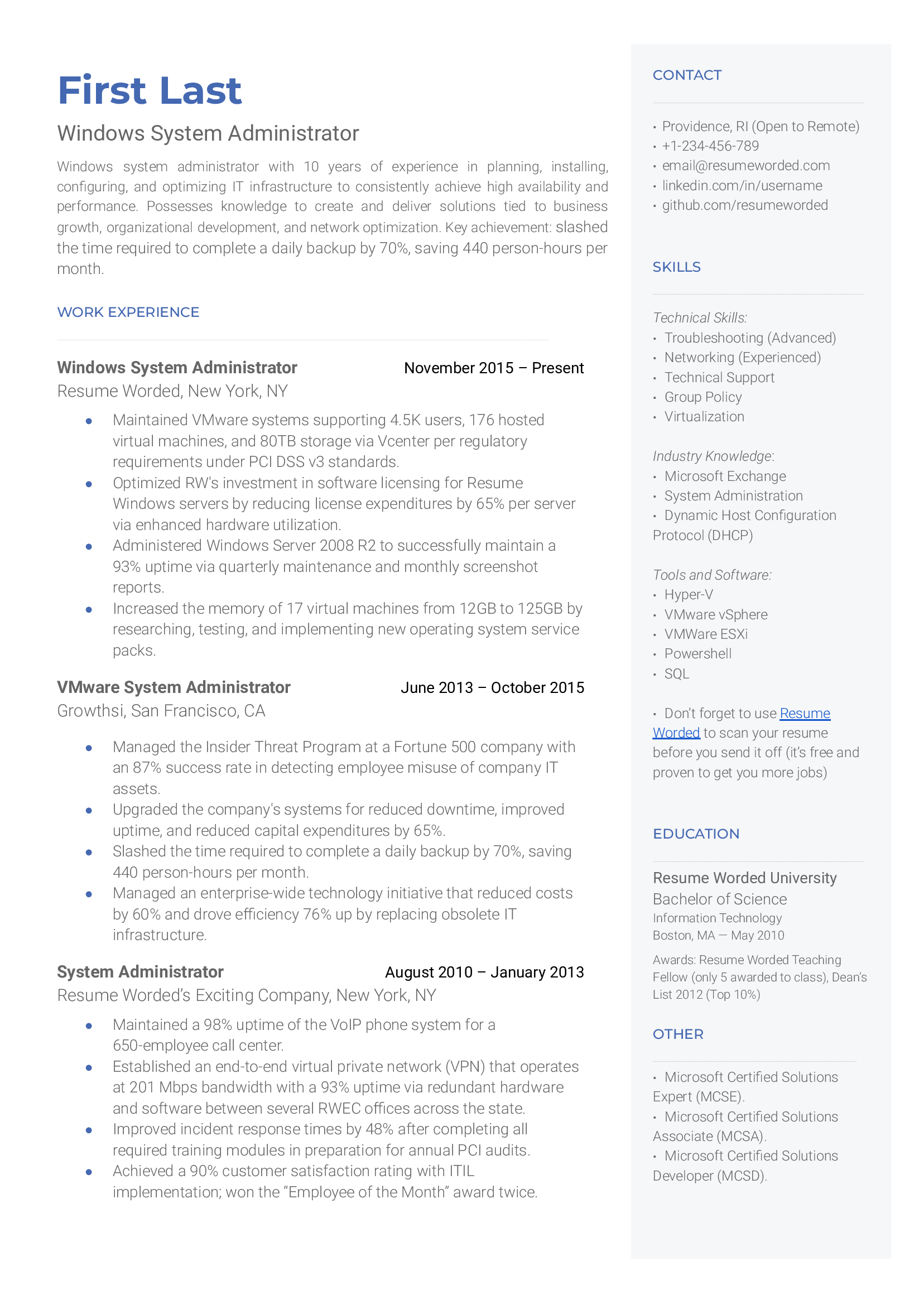 A Windows system administrator resume sample that highlights the applicant's certifications and experience.