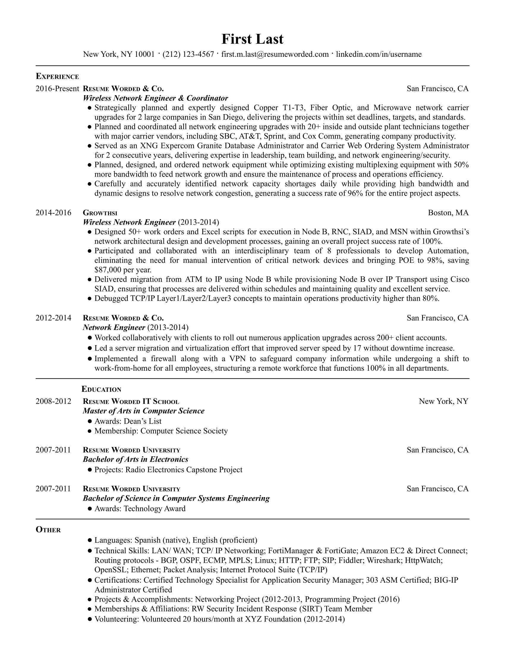 Wireless network engineer resume with continuing education, skills section, and relevant work experience