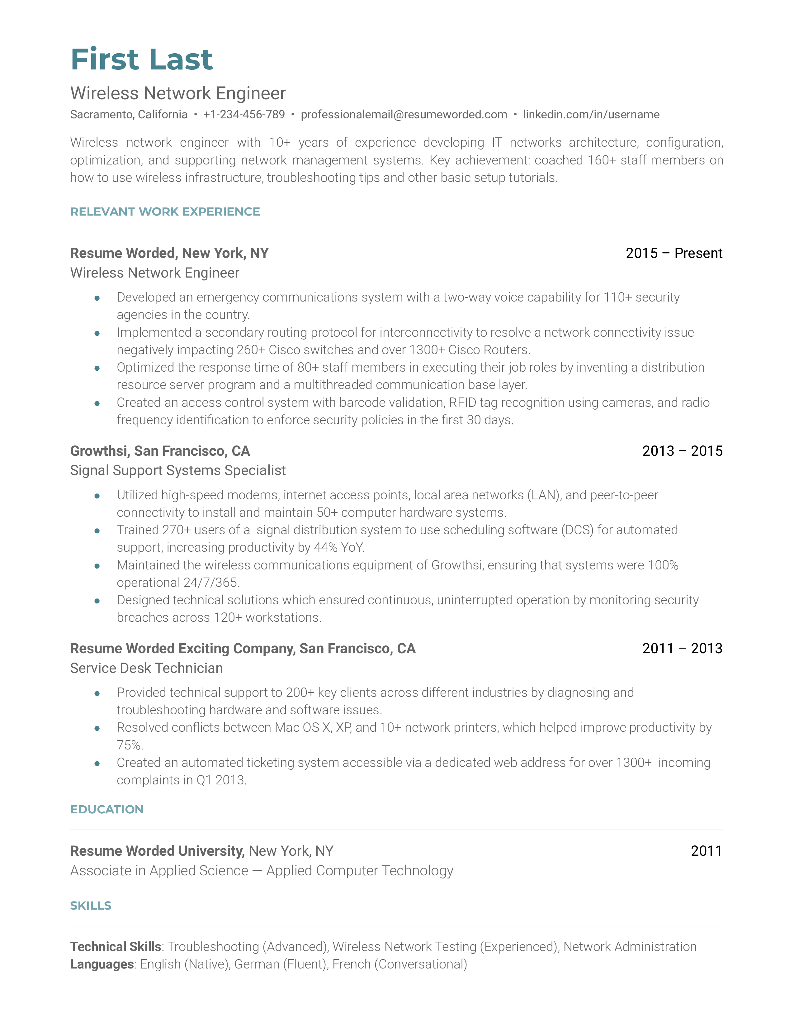 A wireless network engineer resume template focusing on technical skills.