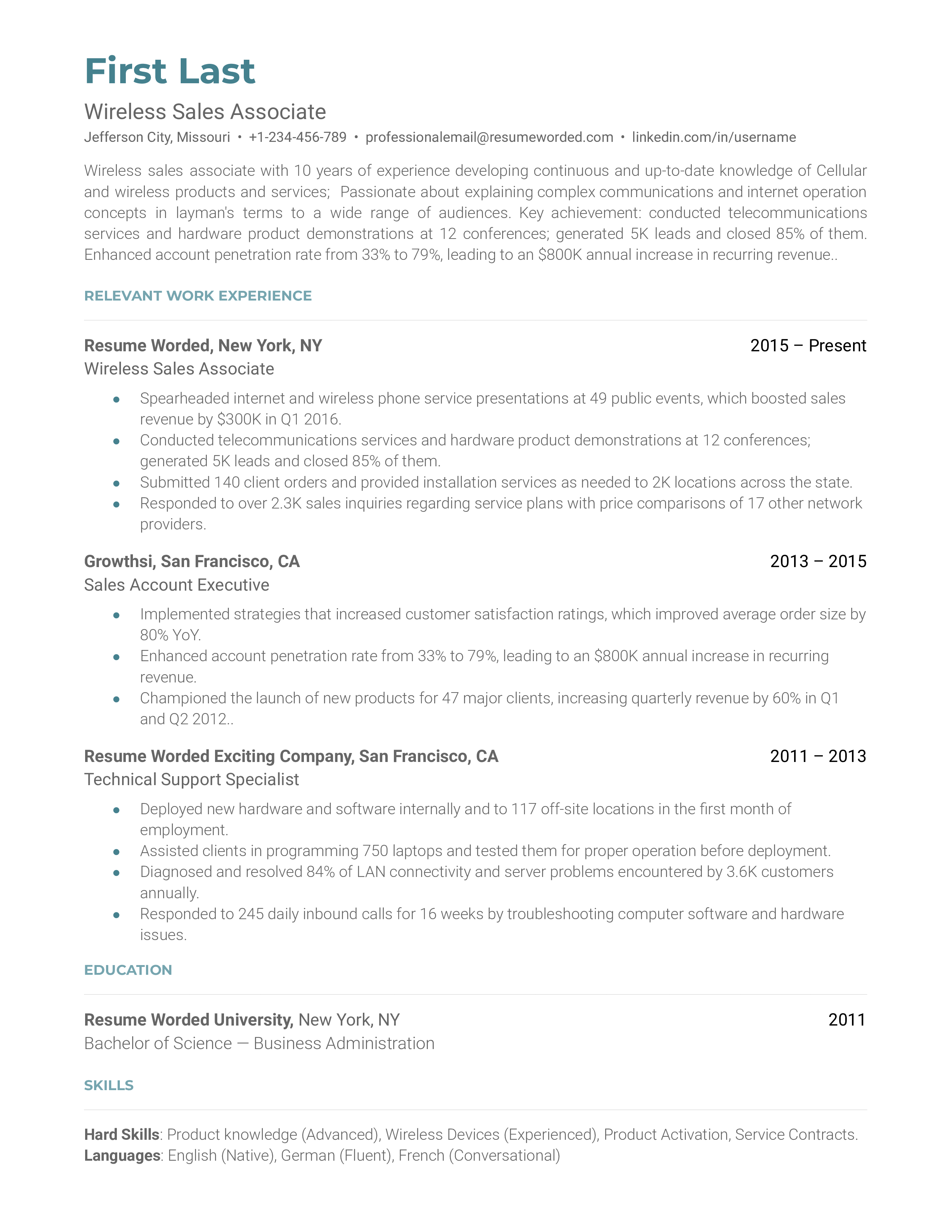 A wireless sales associate resume sample that highlights the applicant’s technical knowledge and achievements.