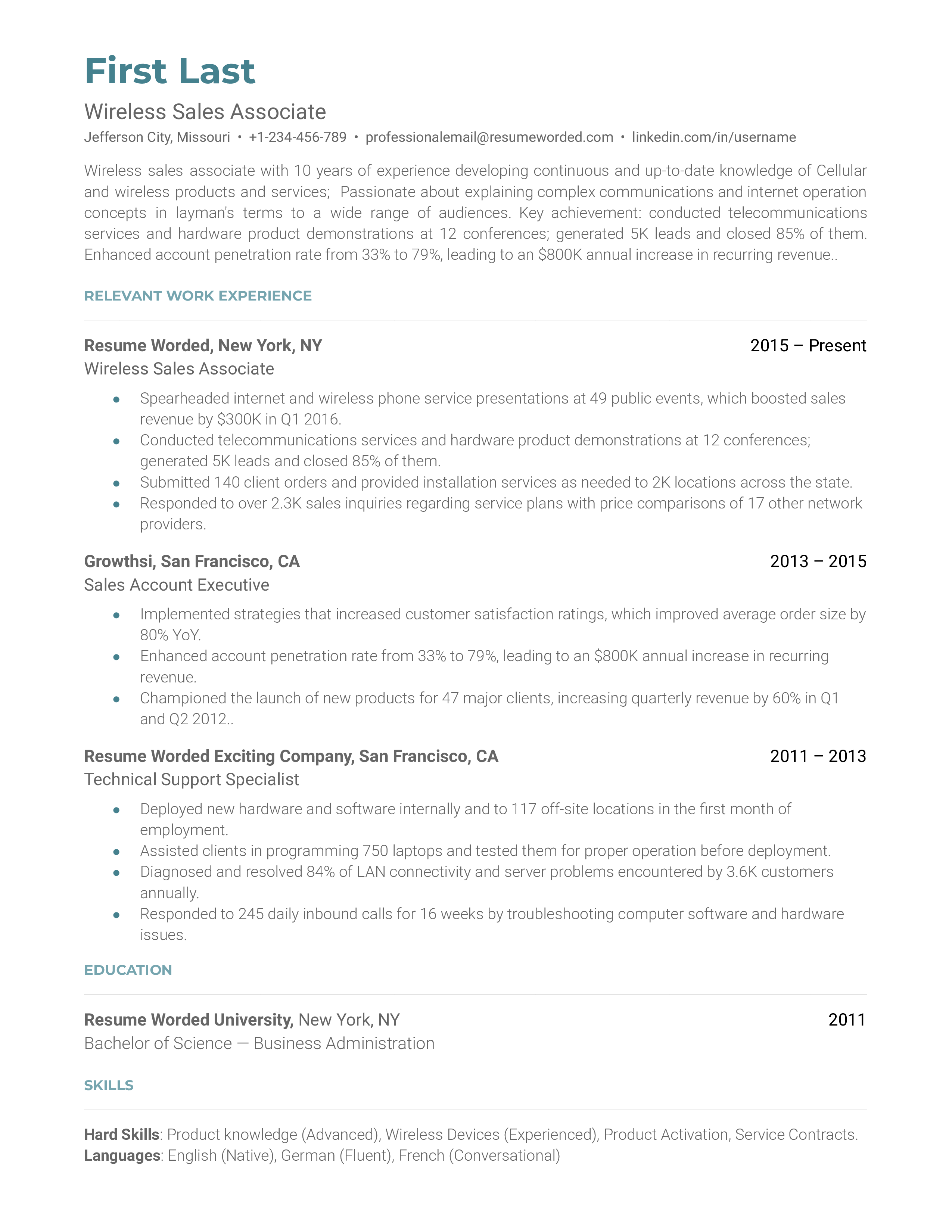 Wireless Sales Associate Resume Sample