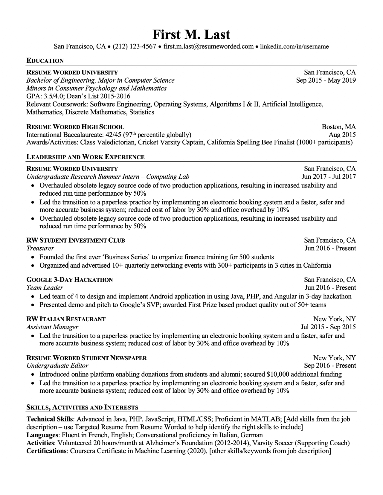 Professional ATS Resume Templates for Experienced Hires and College