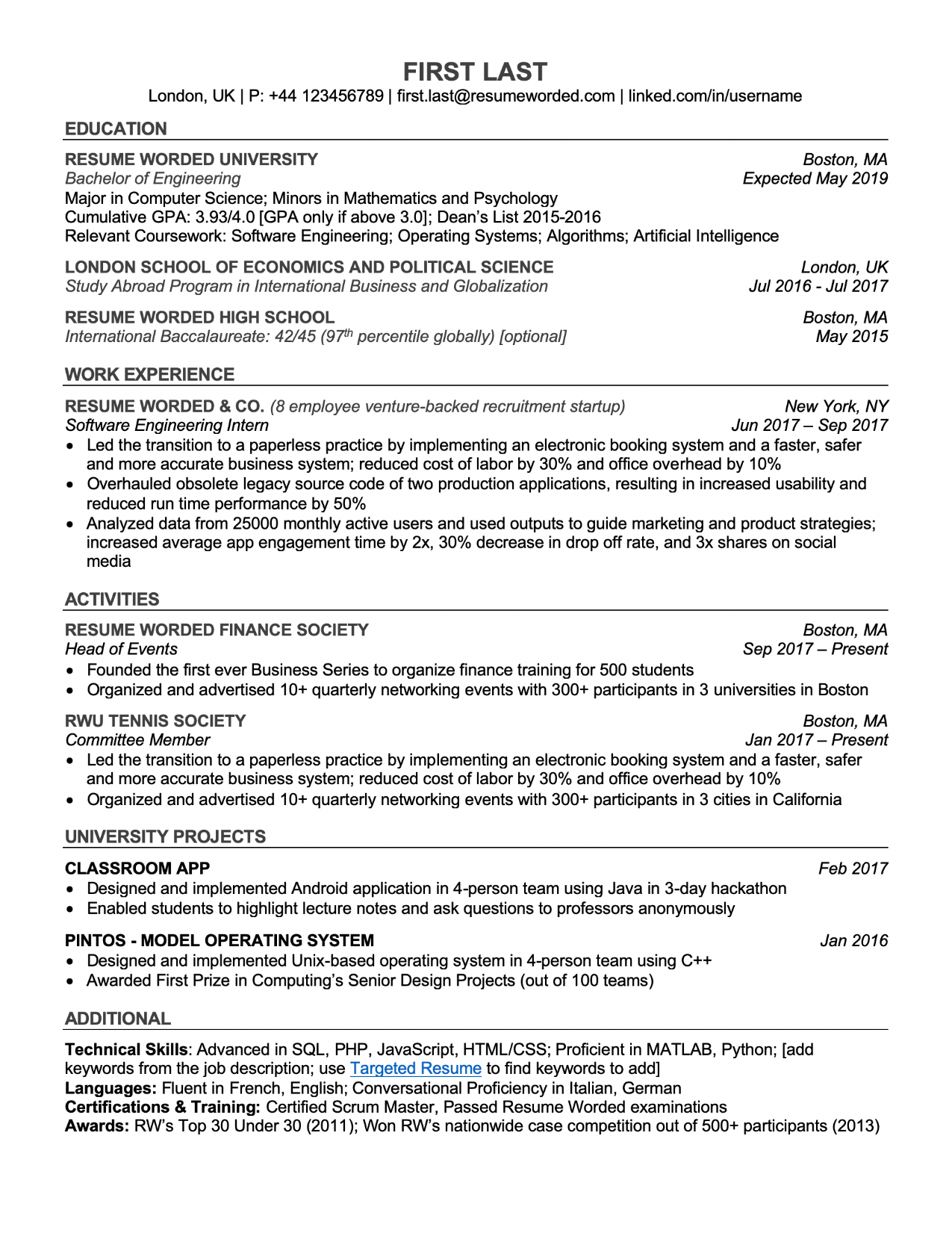 Professional ATS Resume Templates for Experienced Hires and College  Students or Grads, for free [Updated for 2020]
