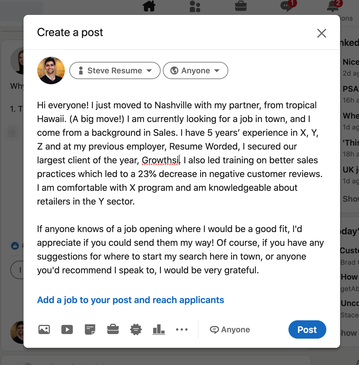 Announcing your job search on LinkedIn via a public post - an example