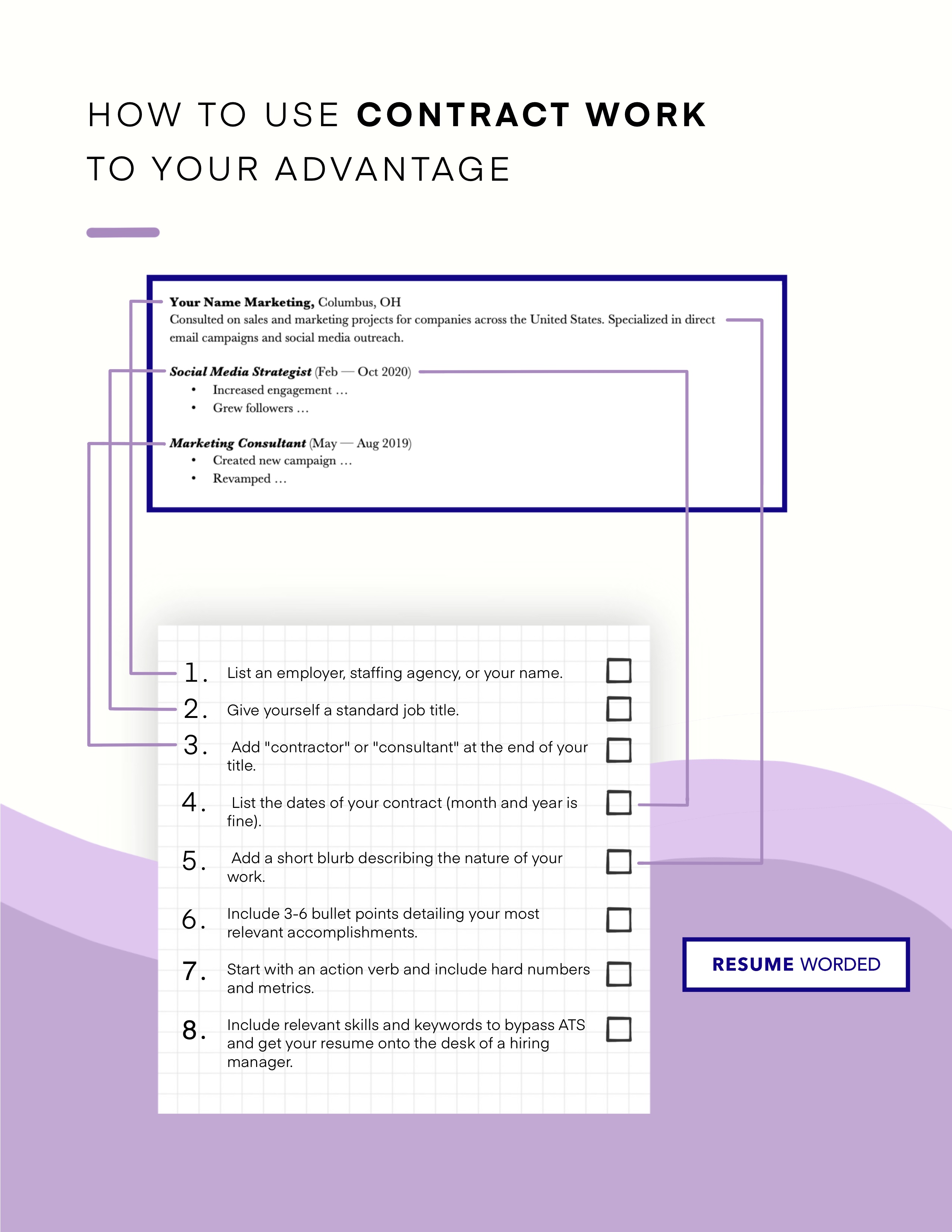 An illustration of how to list contract work on your resume, with a step by step guide