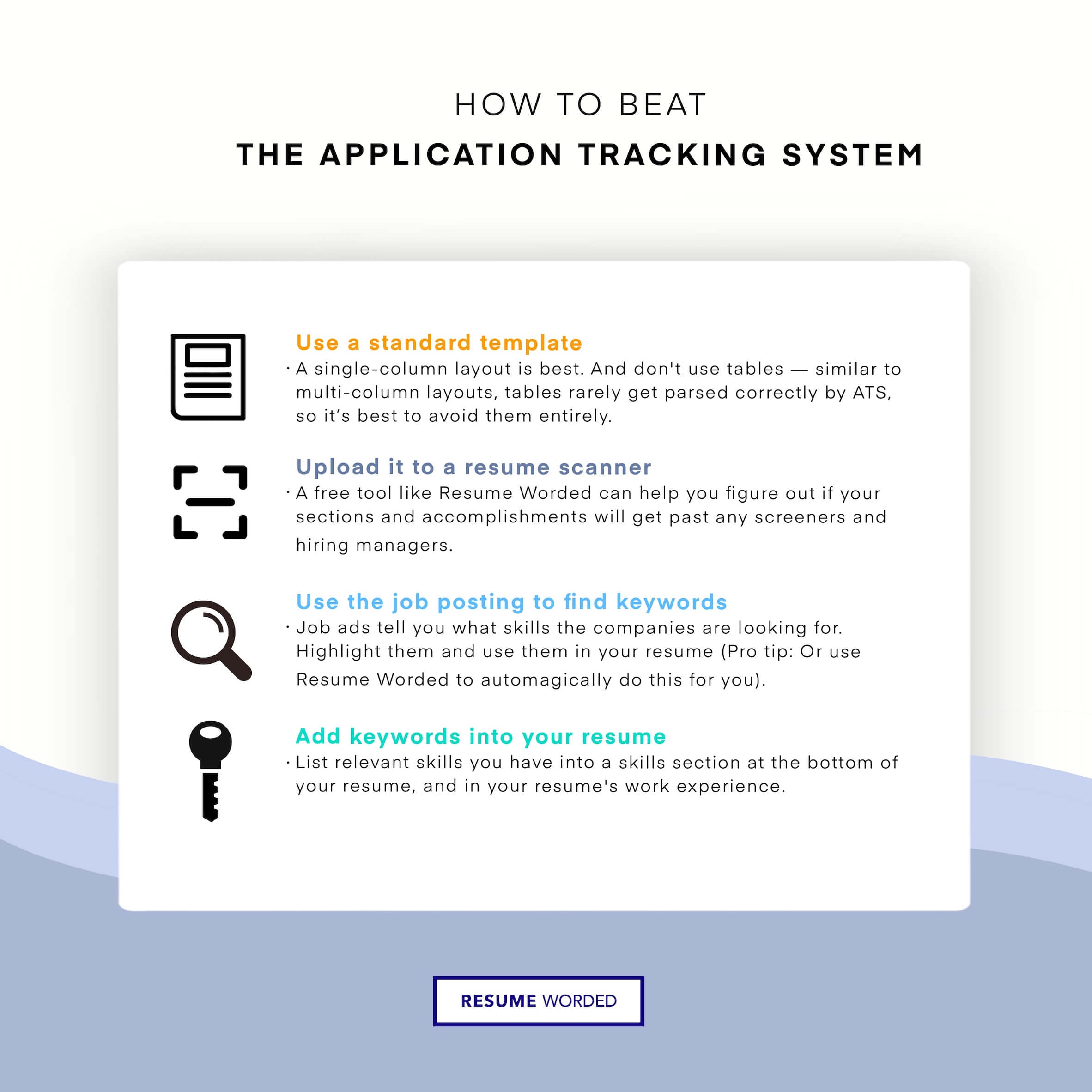An infographic that shows you the key things to keep in mind to get past applicant tracking systems
